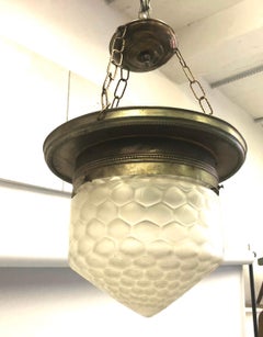 French Art Deco Satin Dimple Glass & Brass Pendant / Flush Mount Fixture, 1925