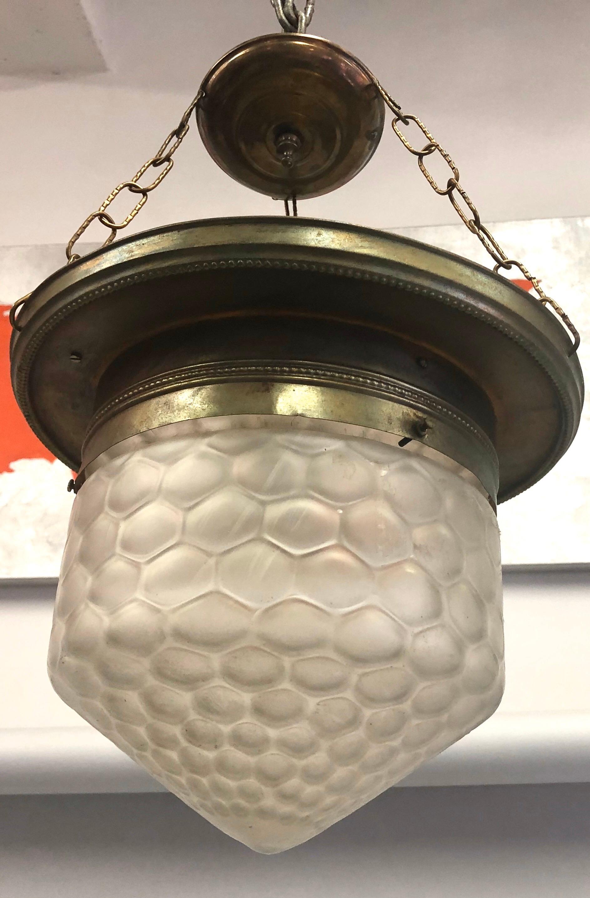 Frosted French Art Deco Satin Dimple Glass & Brass Pendant / Flush Mount Fixture, 1925 For Sale