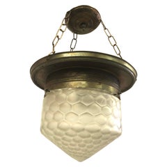 French Art Deco Satin Dimple Glass & Brass Pendant / Flush Mount Fixture, 1925