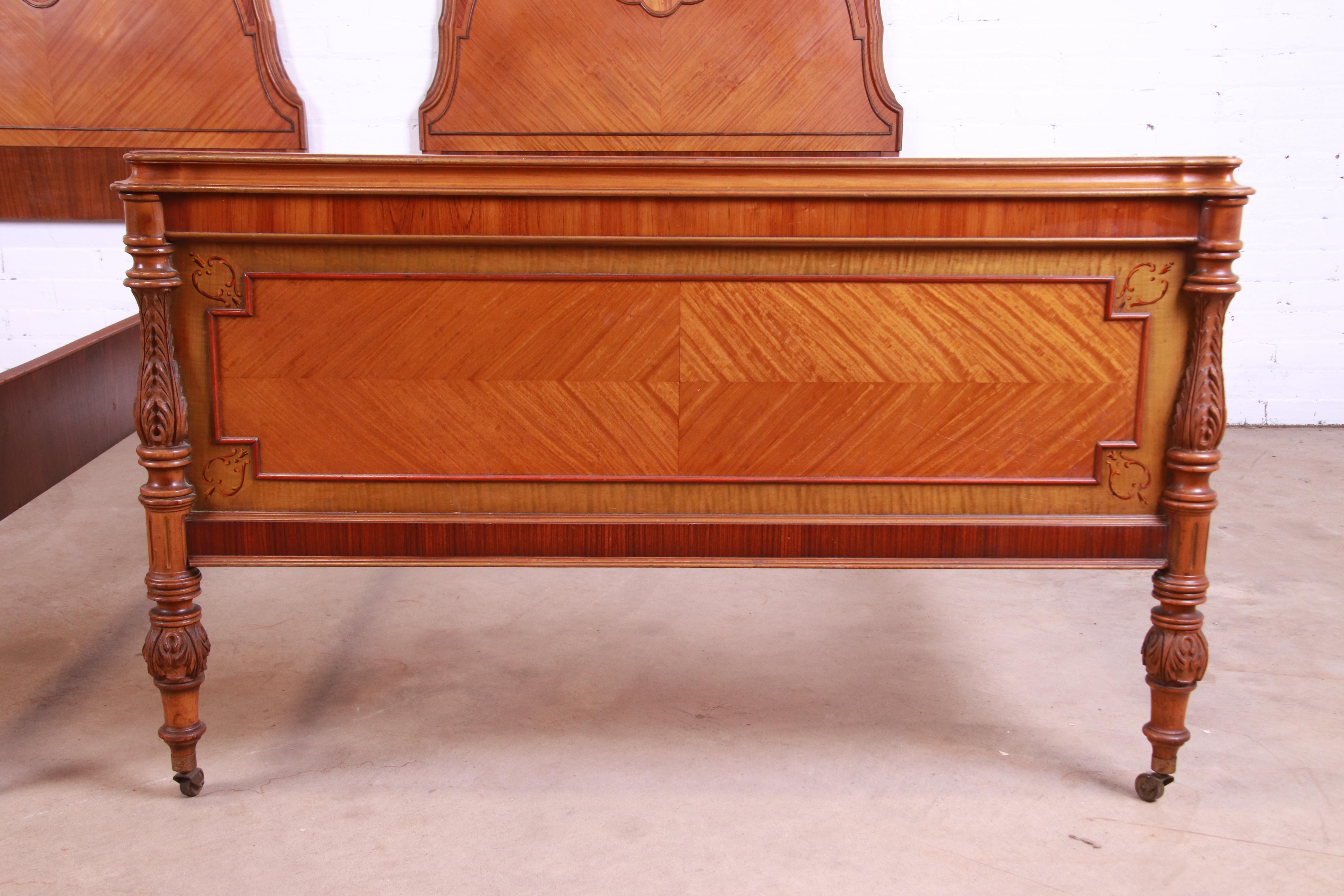 French Art Deco Satinwood and Carved Walnut Twin Beds, Circa 1920s 7