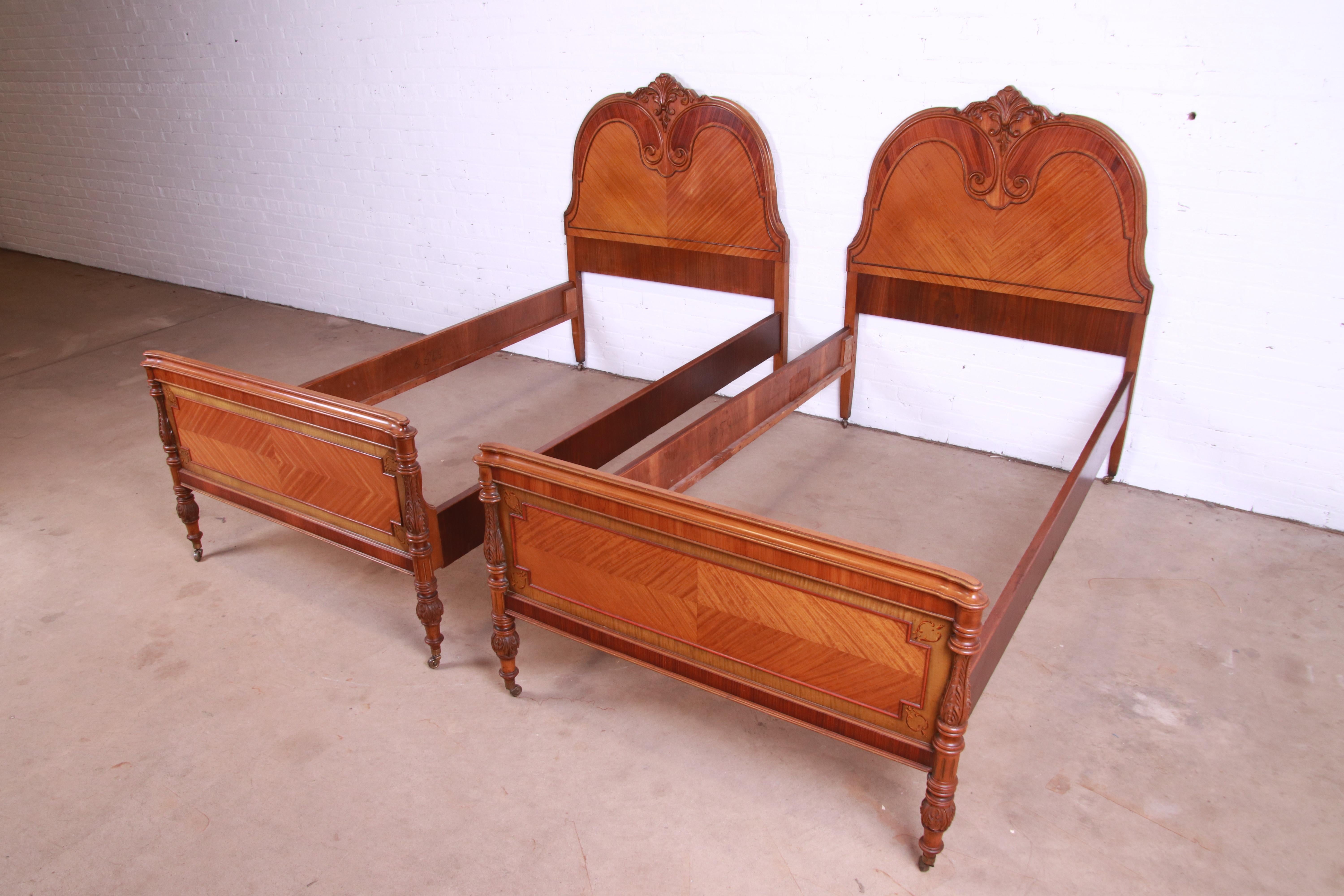 French Art Deco Satinwood and Carved Walnut Twin Beds, Circa 1920s In Good Condition In South Bend, IN