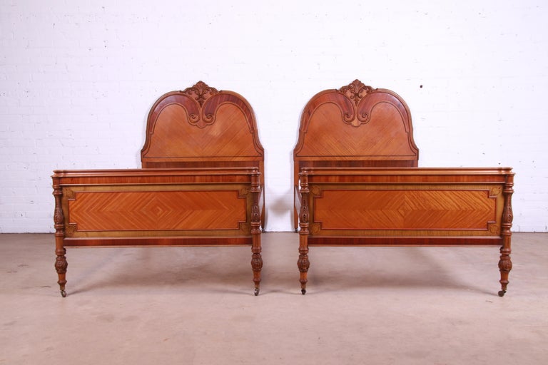 French Art Deco Satinwood and Carved Walnut Twin Beds, Circa 1920s at