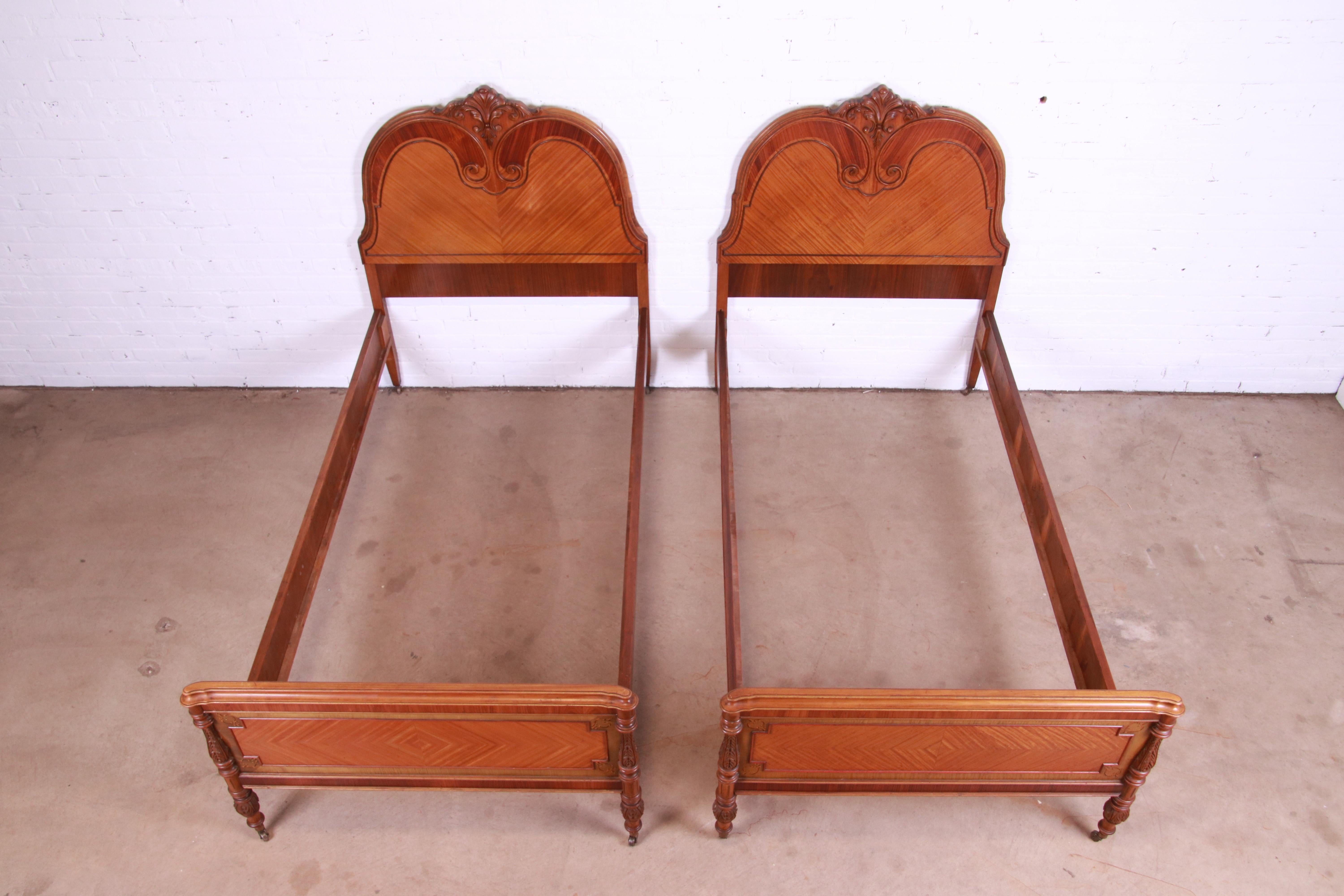French Art Deco Satinwood and Carved Walnut Twin Beds, Circa 1920s 4