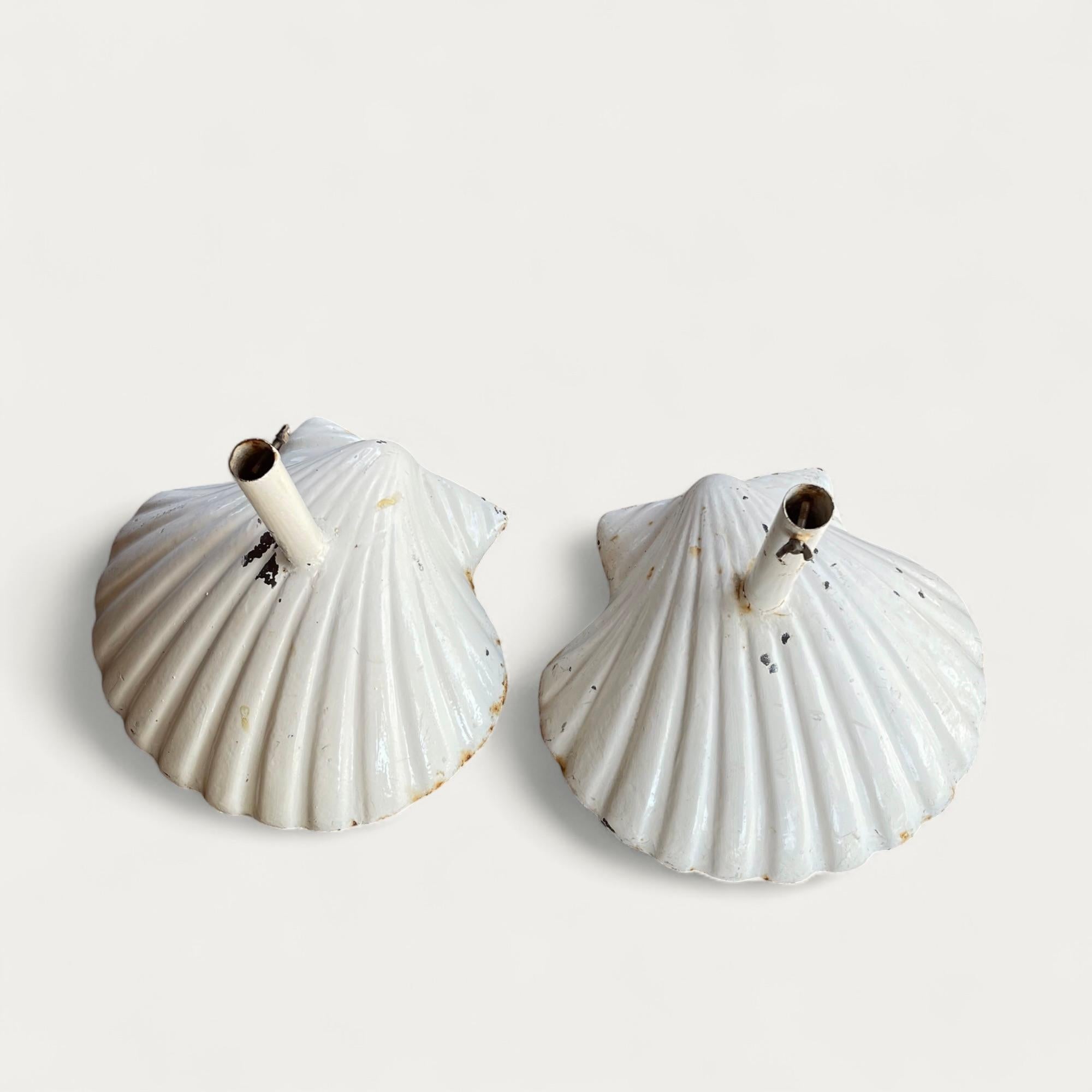 A stunning and very rare pair of Art Deco wrought iron garden, patio umbrella stands, in the shape of shells,  from an estate on  the Côte d'Azur