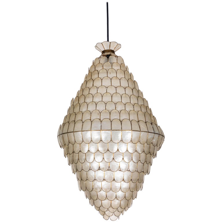 French Art Deco Scalloped Capiz Shell Pendant With Brass