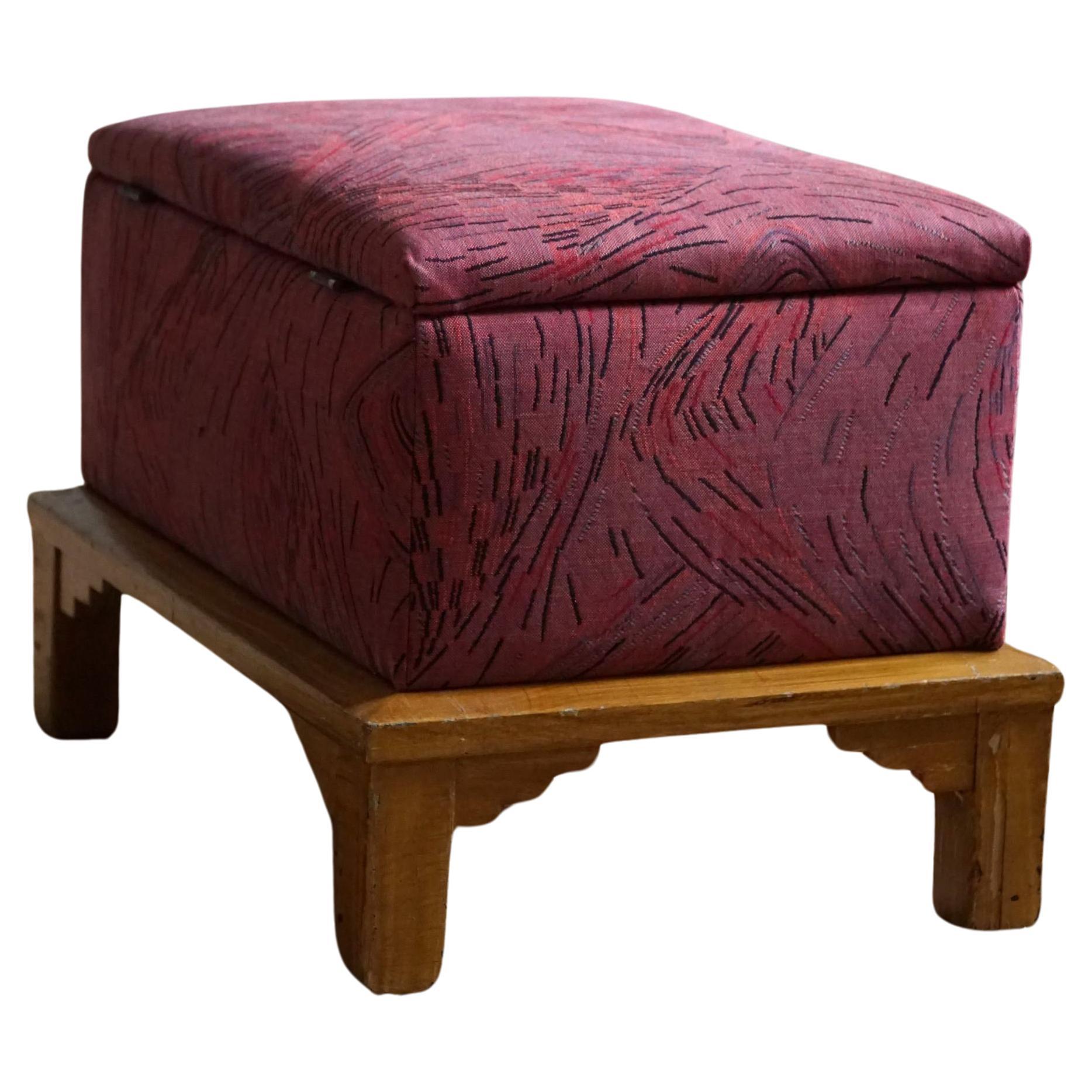 French Art Deco, Sculptural Stool with Storage, Reupholstered, Made in the 1940s For Sale