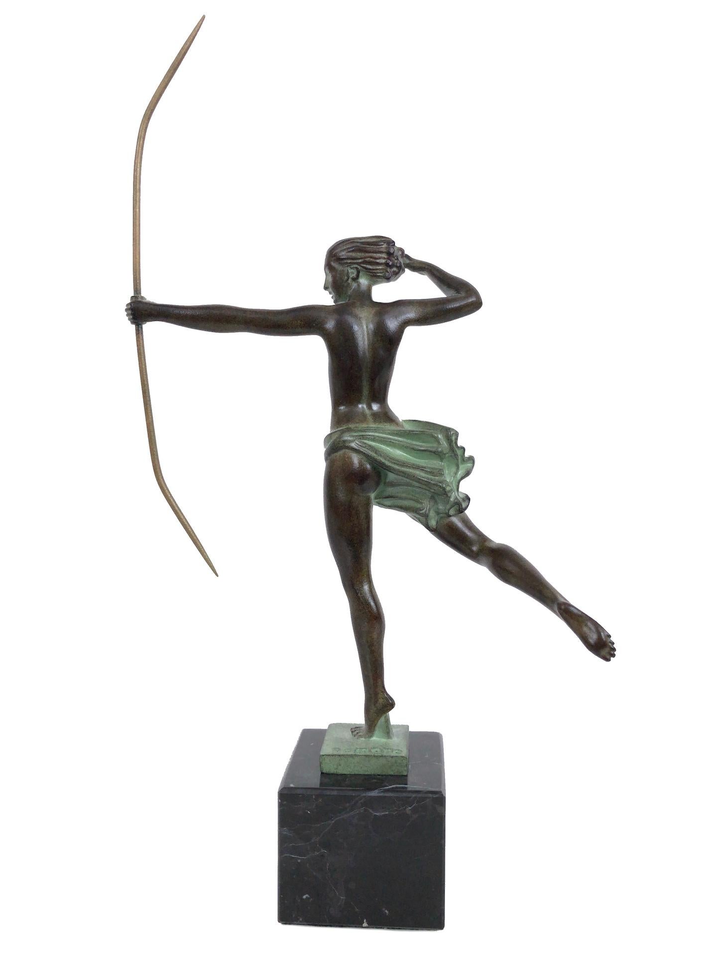 Patinated French Art Deco Amazon Sculpture Atalante by Jean de Marco for Max Le Verrier For Sale
