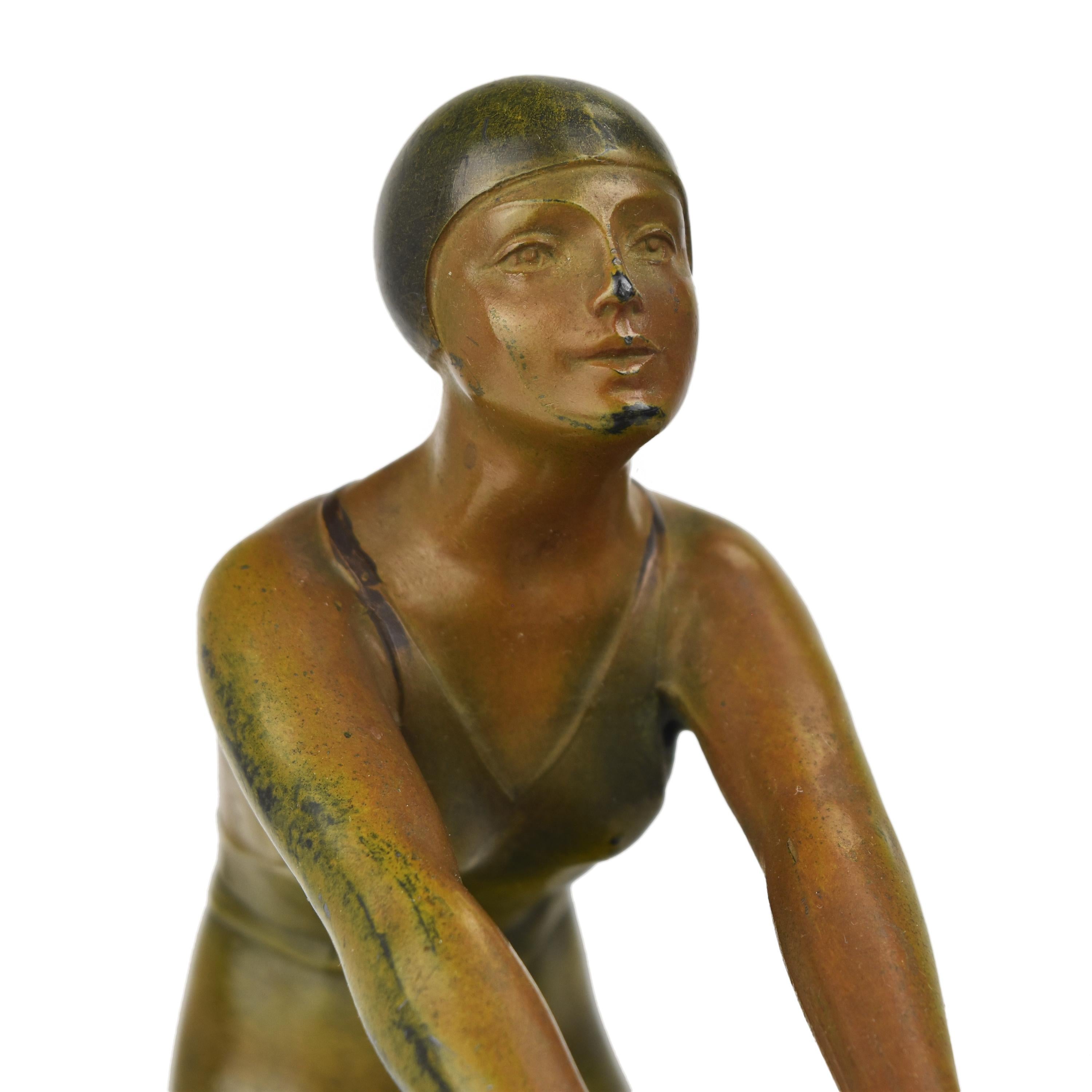 Cast French Art Deco Sculpture Figurine Female Wakeboarder Marble Socle Avantgarde For Sale