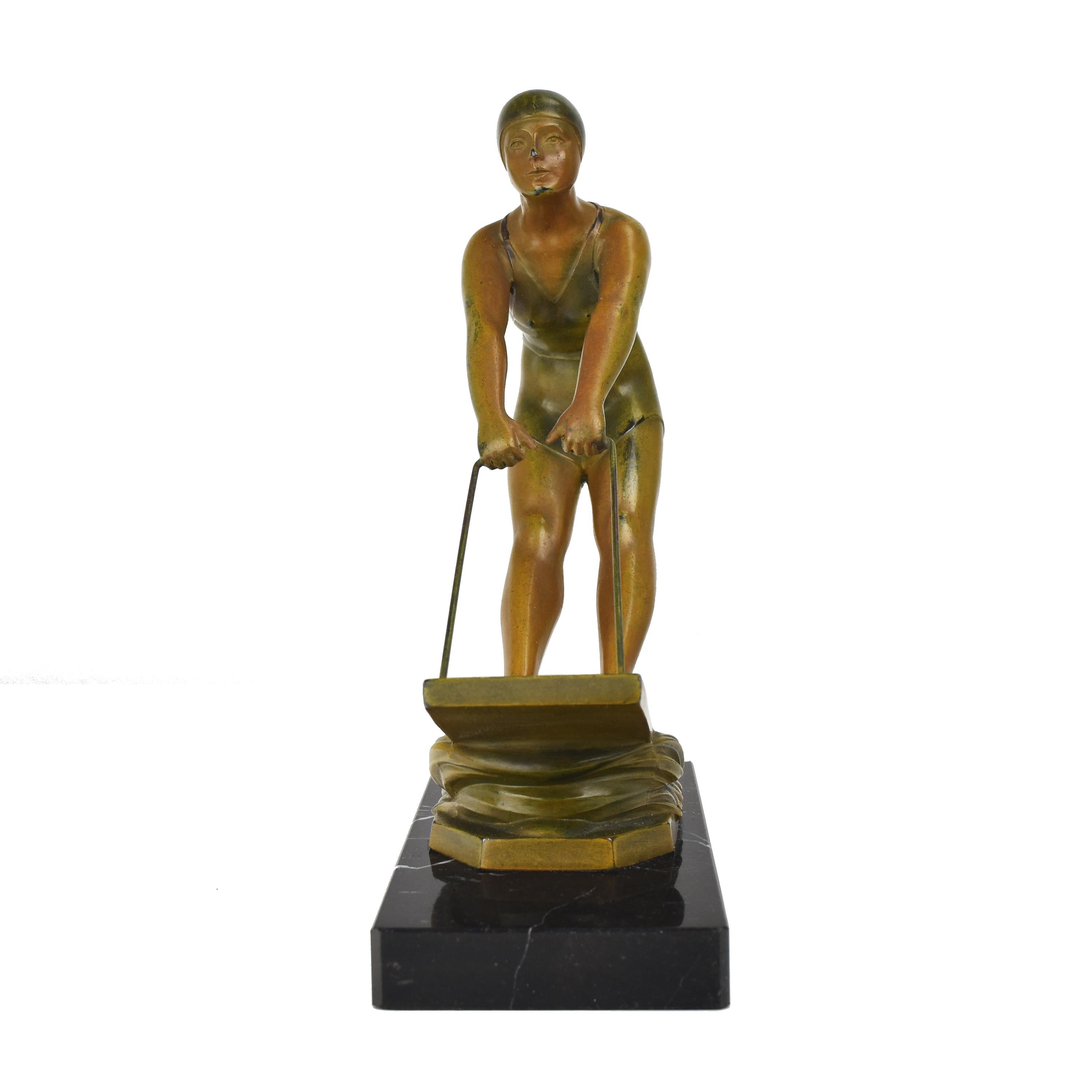 French Art Deco Sculpture Figurine Female Wakeboarder Marble Socle Avantgarde For Sale 1