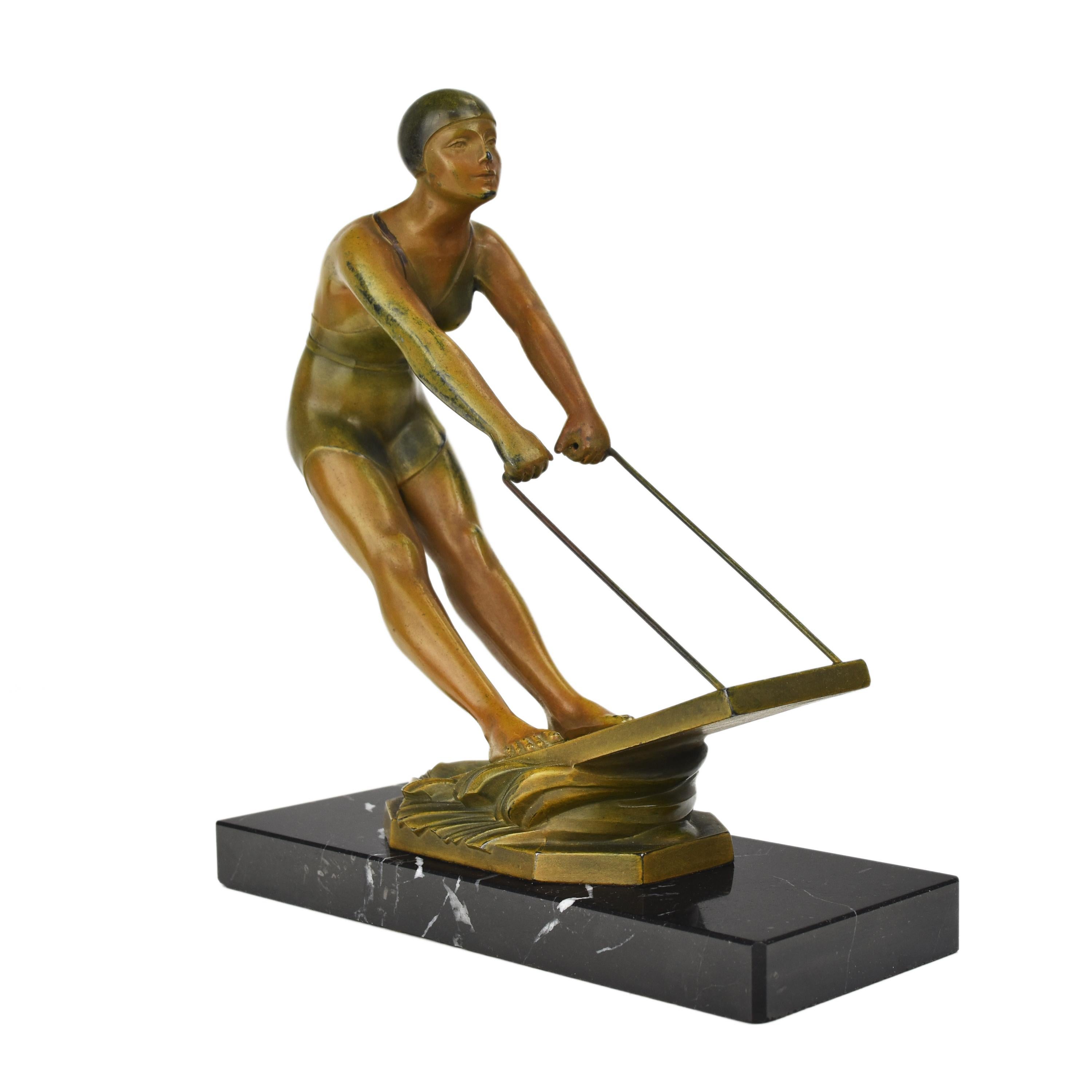 French Art Deco Sculpture Figurine Female Wakeboarder Marble Socle Avantgarde For Sale 2