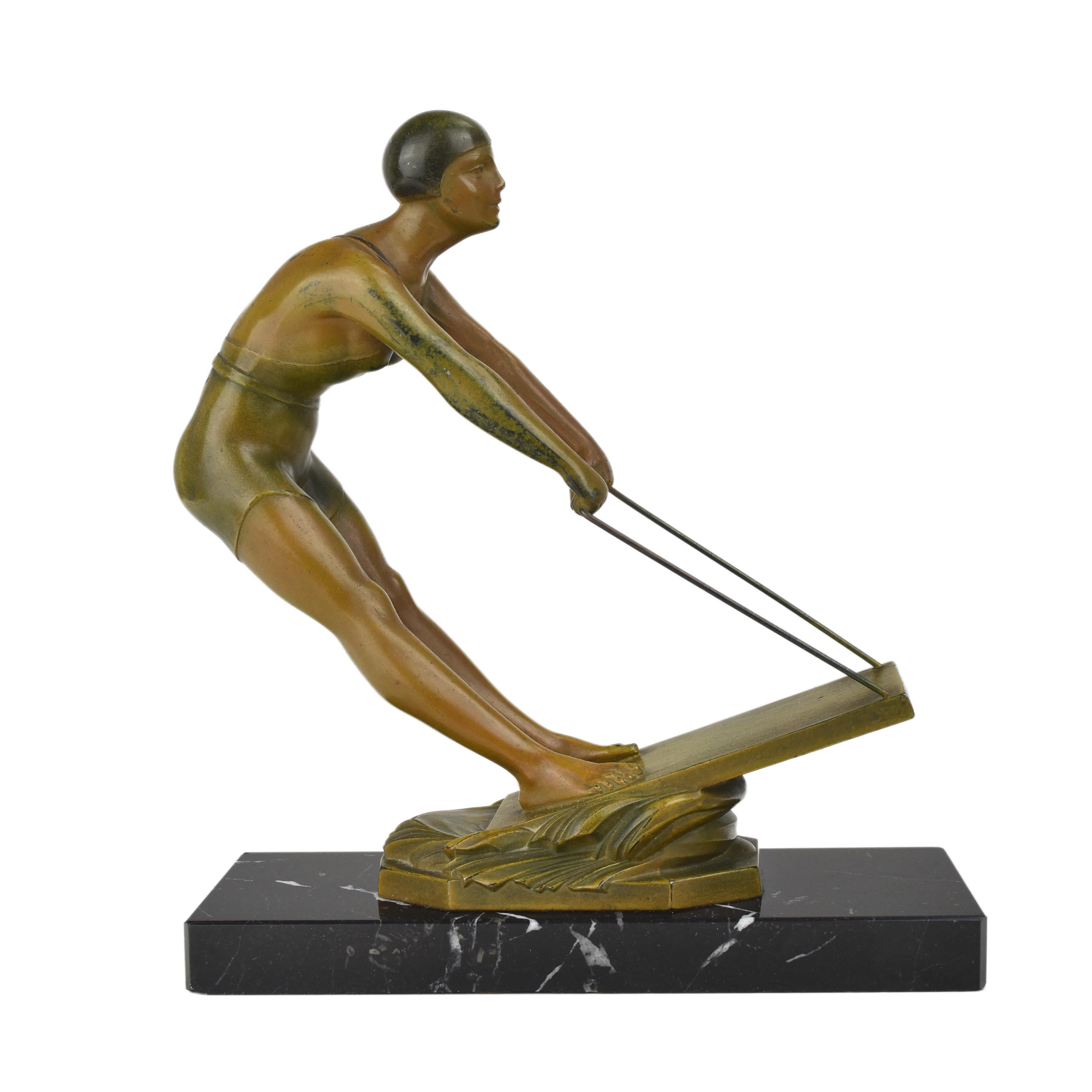 French Art Deco Sculpture Figurine Female Wakeboarder Marble Socle Avantgarde For Sale 3