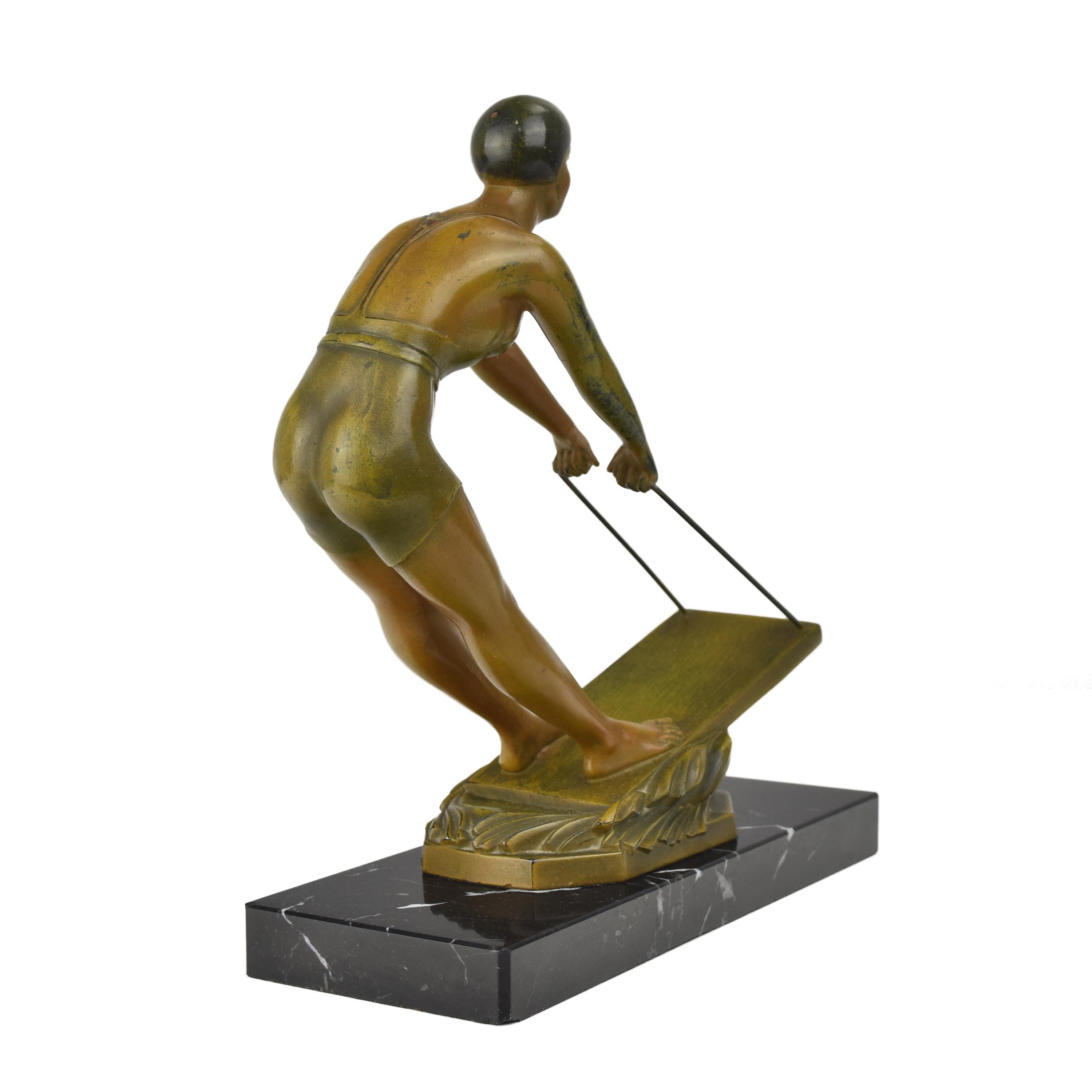 French Art Deco Sculpture Figurine Female Wakeboarder Marble Socle Avantgarde For Sale 4