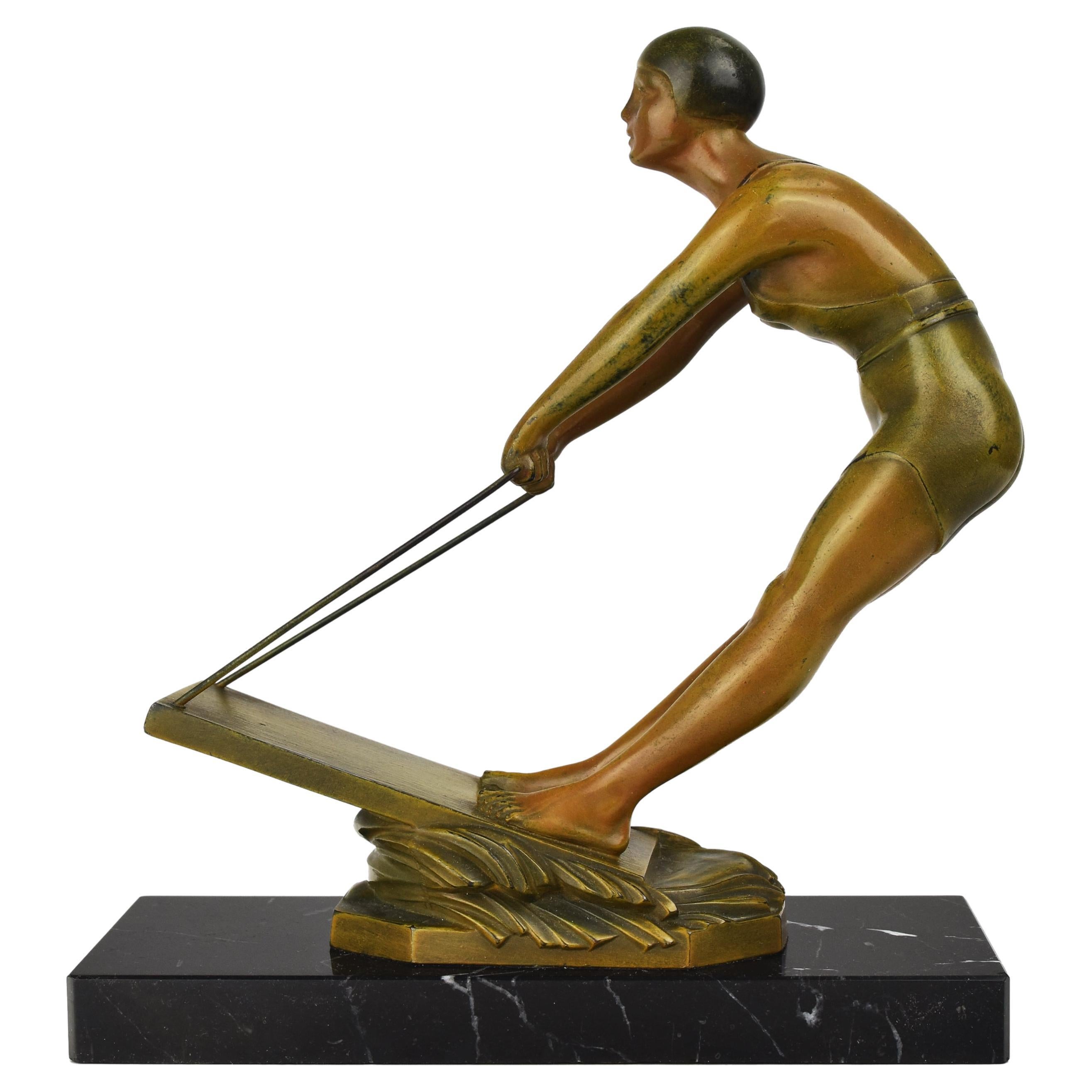 French Art Deco Sculpture Figurine Female Wakeboarder Marble Socle Avantgarde For Sale
