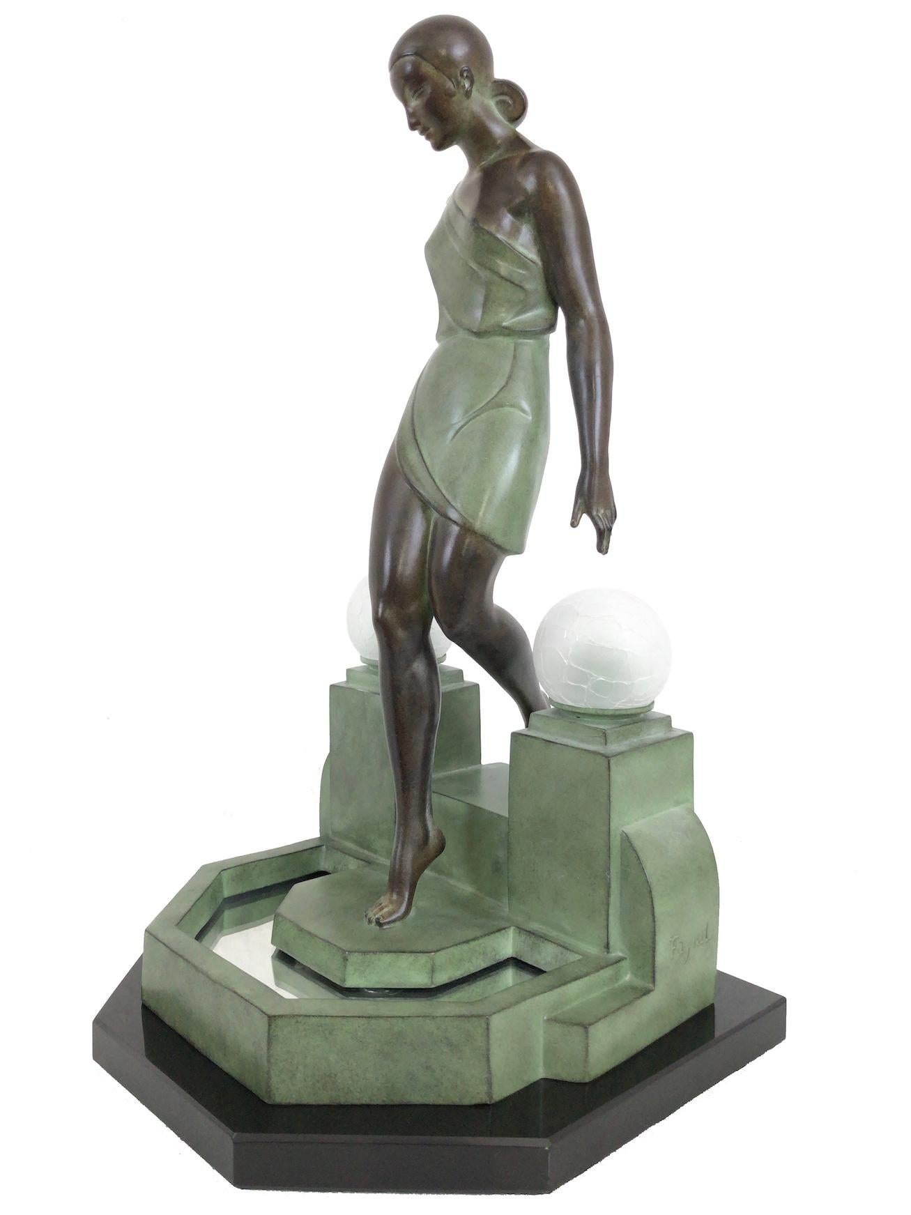 Patinated French Art Deco Sculpture-Lamp Nausicaa by Pierre Le Faguays for Max Le Verrier