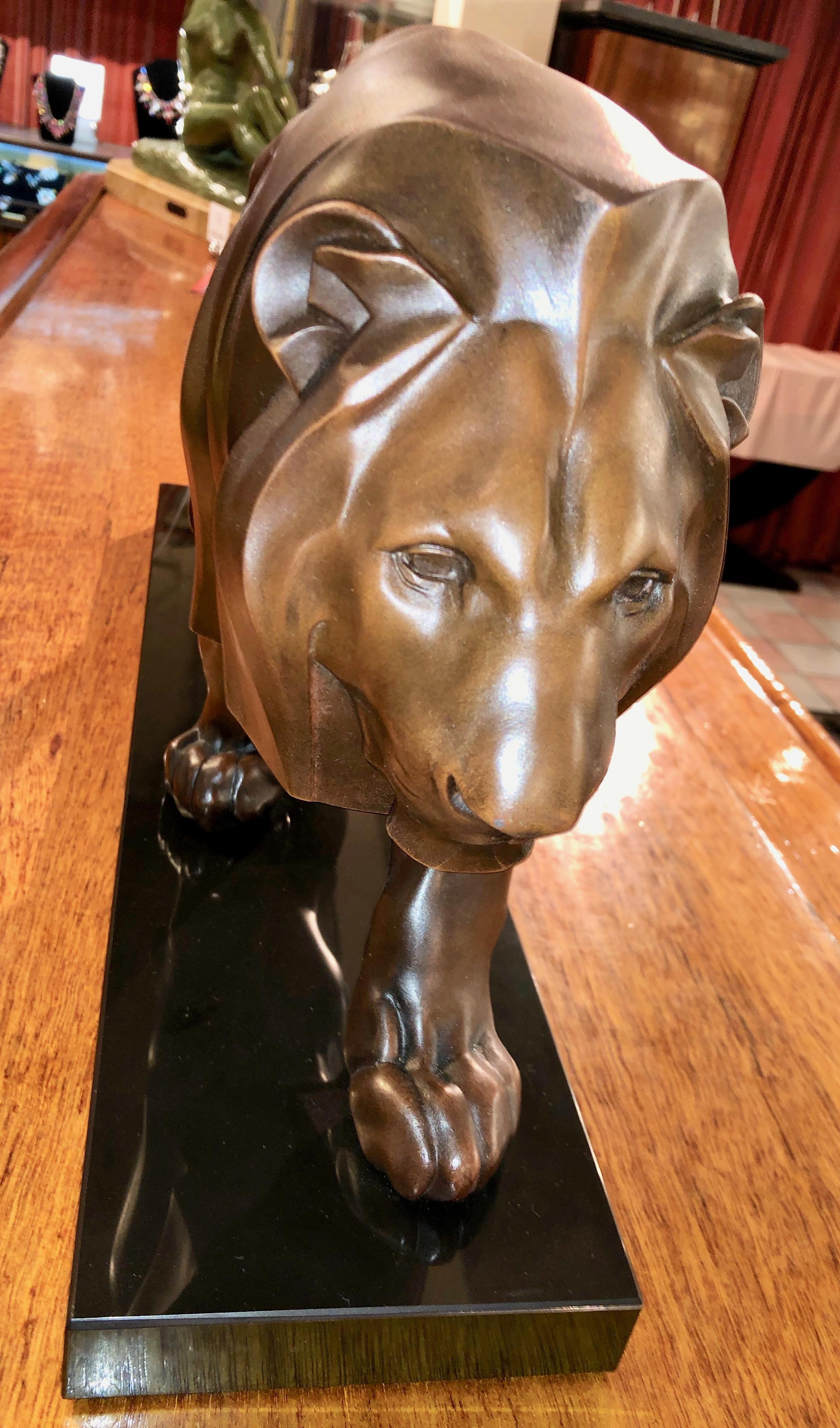 Mid-20th Century French Art Deco Sculpture of a Walking Lion King by Max Le Verrier For Sale