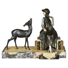 French Art Deco Sculpture of Lady and Gazelle