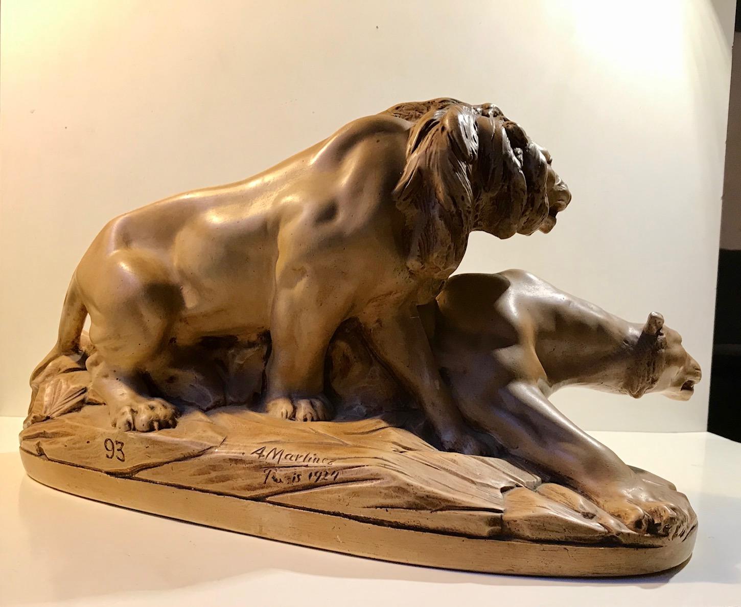 French Art Deco Sculpture of Lions A L'affut by A. Martinez, Paris, 1924 For Sale 2