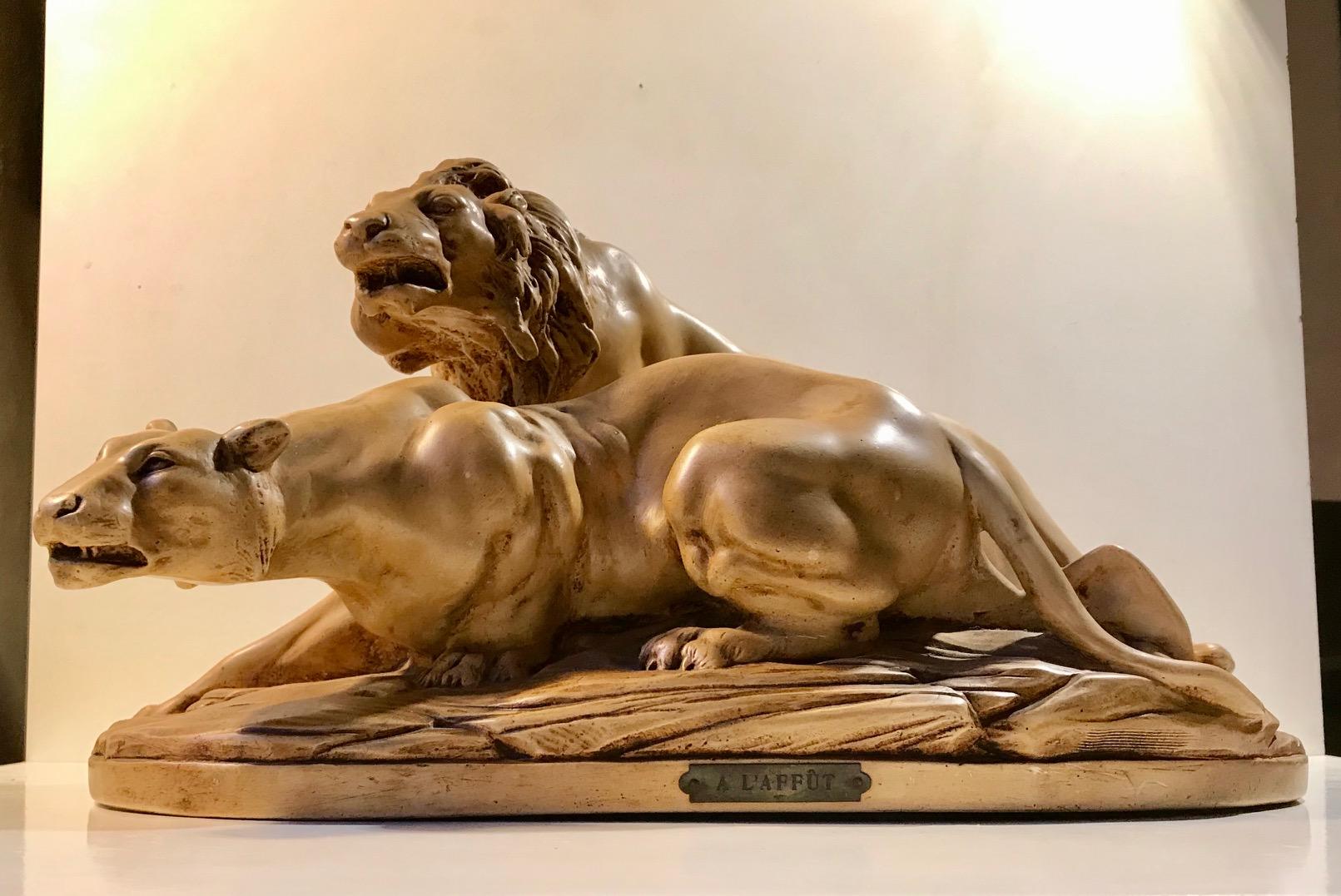 Französische Art-Déco-Skulptur der Löwen A L'affut von A. Martinez, Paris, 1924 (Art déco) im Angebot