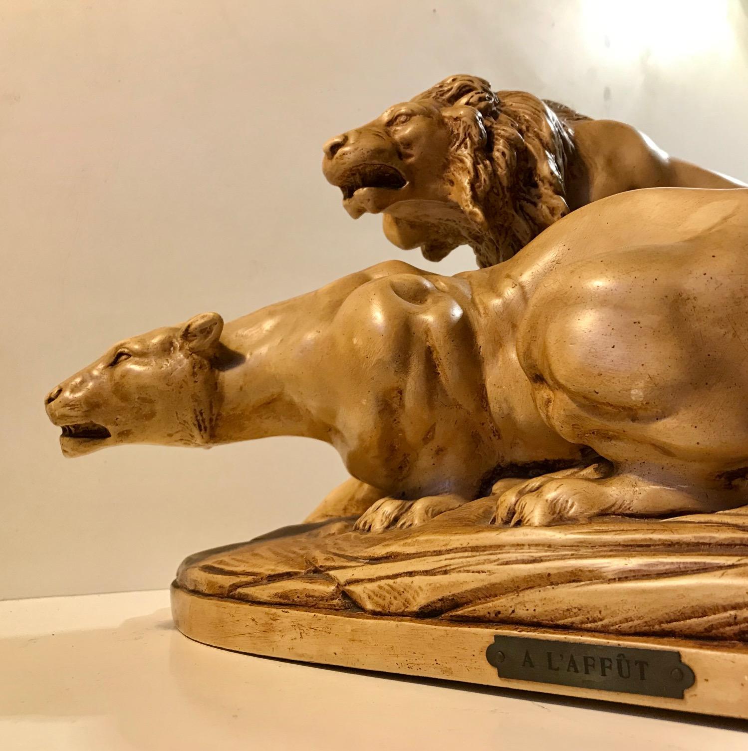 Französische Art-Déco-Skulptur der Löwen A L'affut von A. Martinez, Paris, 1924 im Zustand „Gut“ im Angebot in Esbjerg, DK