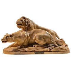 Antique French Art Deco Sculpture of Lions A L'affut by A. Martinez, Paris, 1924