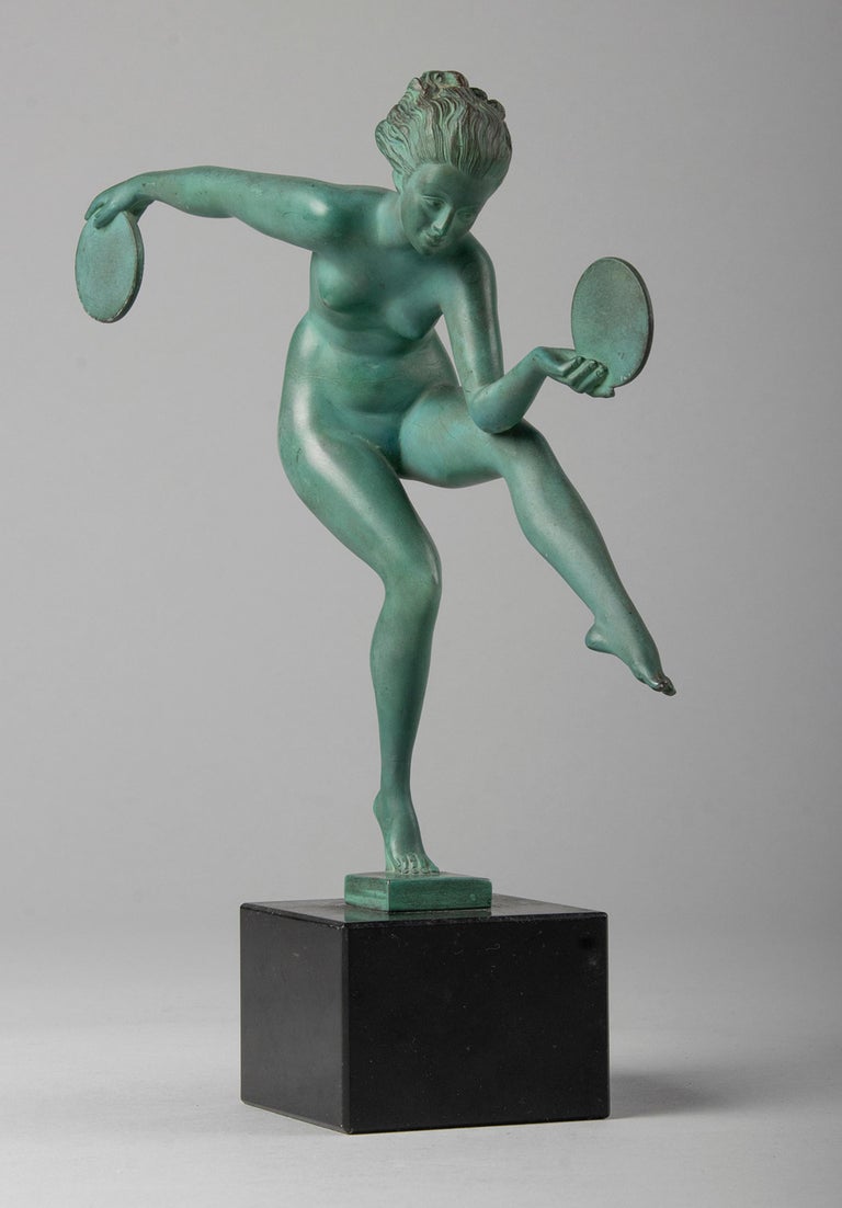 Early 20th Century French Art Deco Sculpture Signed Derenne by Marcel Bouraine Dancing Lady For Sale
