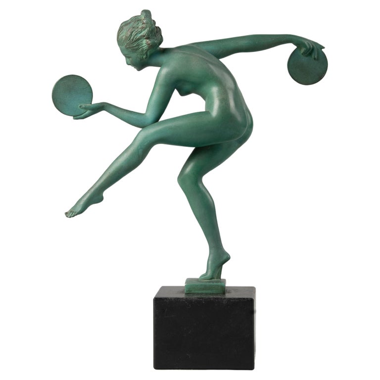 French Art Deco Sculpture Signed Derenne by Marcel Bouraine Dancing Lady For Sale
