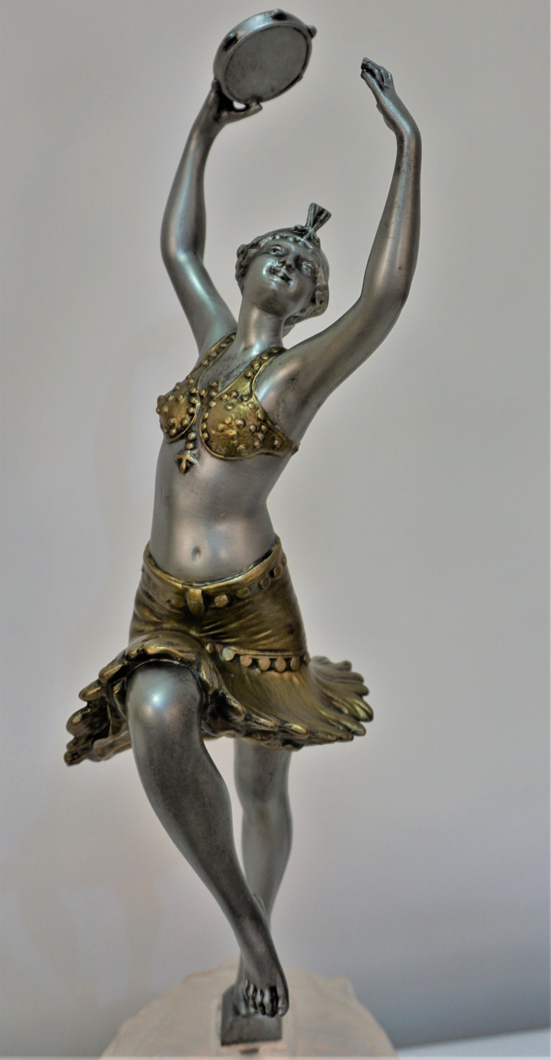 Cold-Painted French Art Deco Sculpture Table Lamp Tambourine Dancer