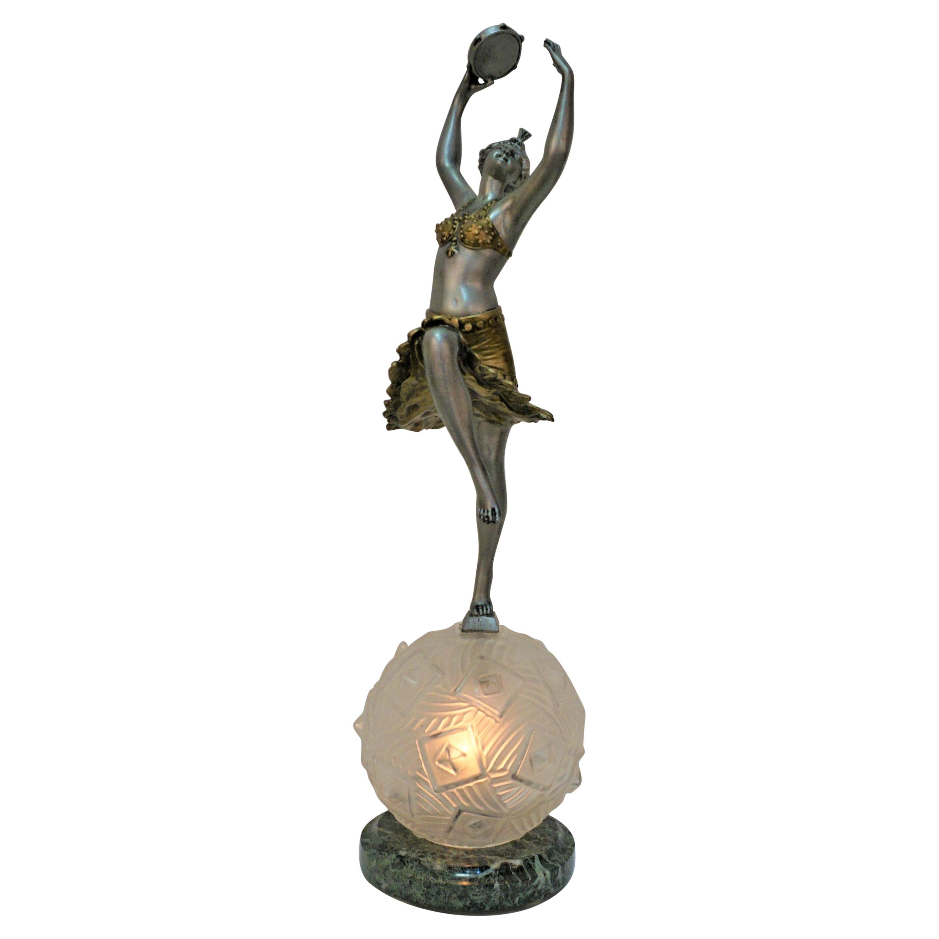 French Art Deco Sculpture Table Lamp Tambourine Dancer
