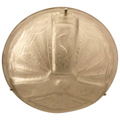 French Art Deco Seahorse Flush Mount Chandelier Signed by Muller Frères