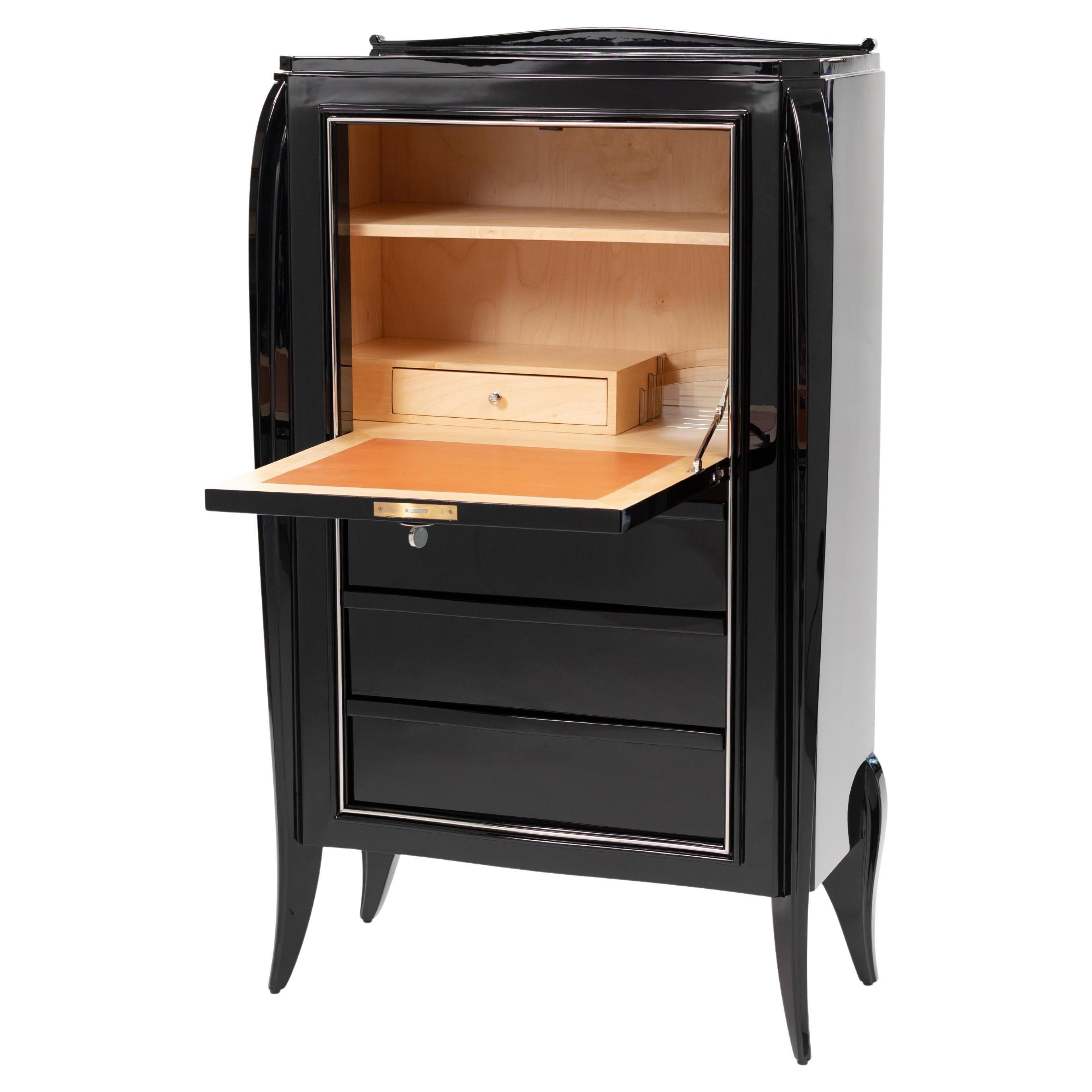 Secretaire Art Déco français Laque noire brillante Raccords plaqués nickel 1925 en vente