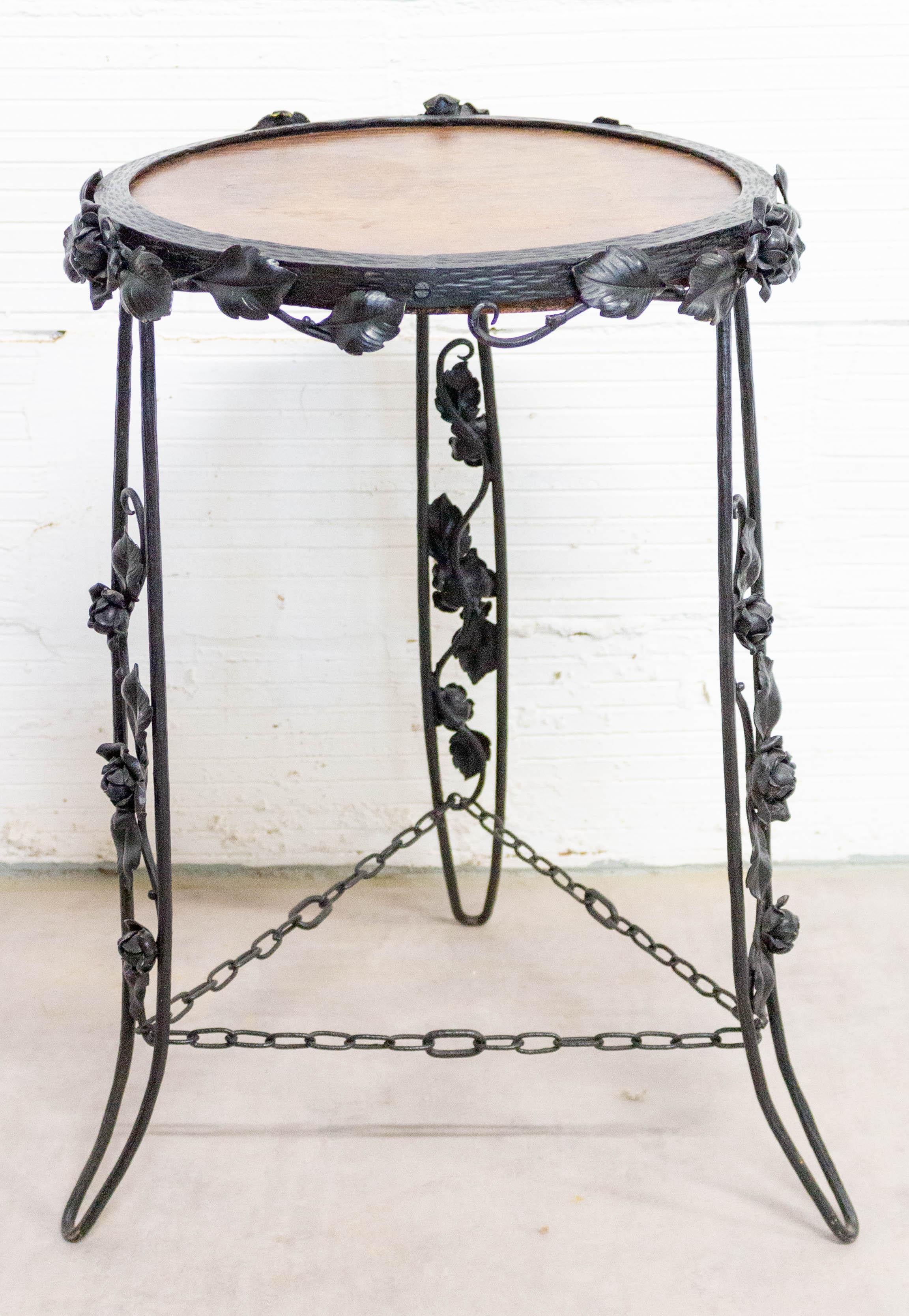 Mid-20th Century French Art Deco Sellette or Plant Holder Wrought Iron and Wood, circa 1930 For Sale