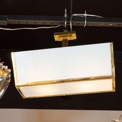 French Art Deco Semi-Flush Mount Brass & Frosted Glass Chandelier by Jean Perzel