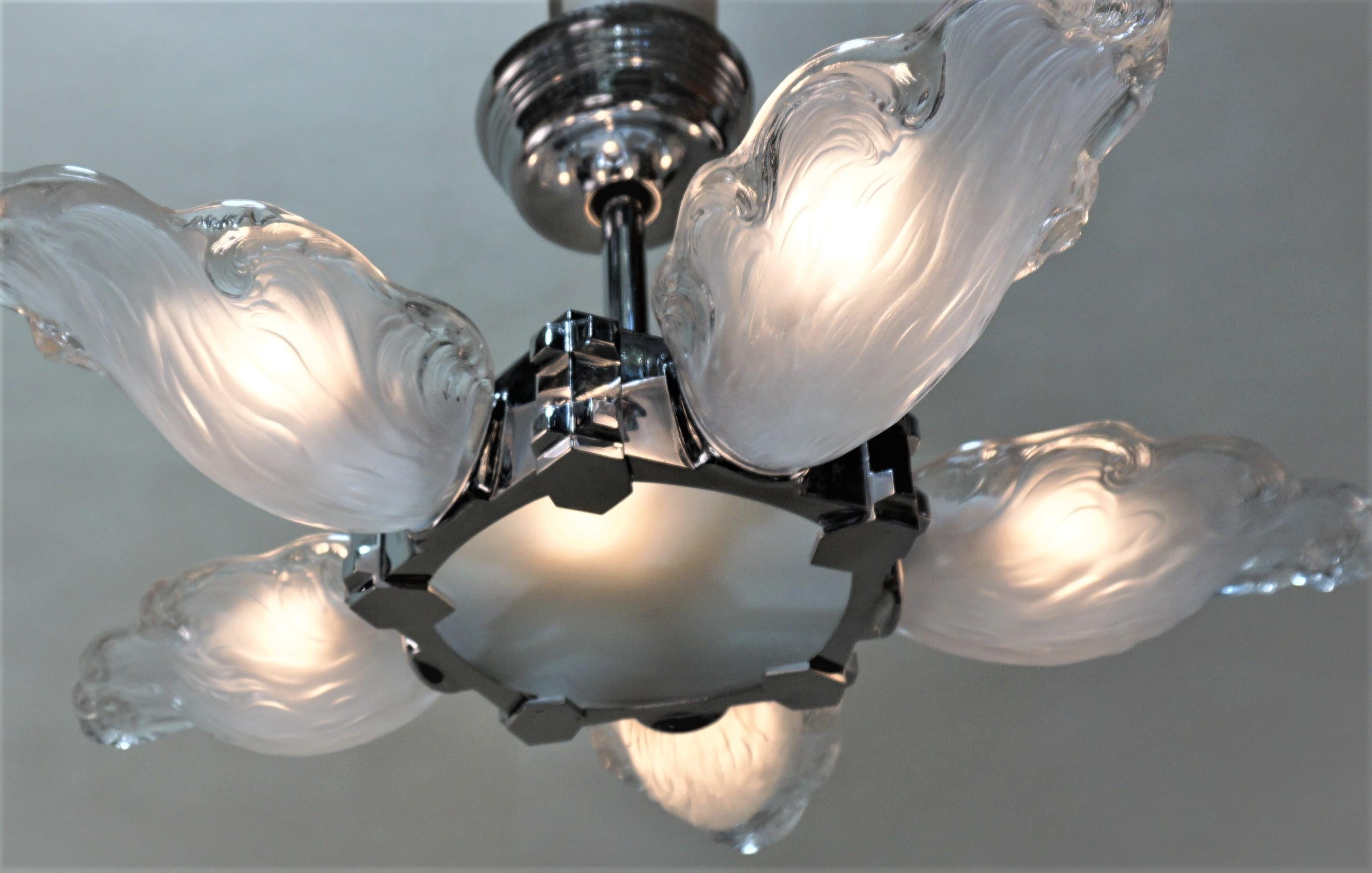 French Art Deco chrome on bronze and textured glass semi flush mount chandelier.