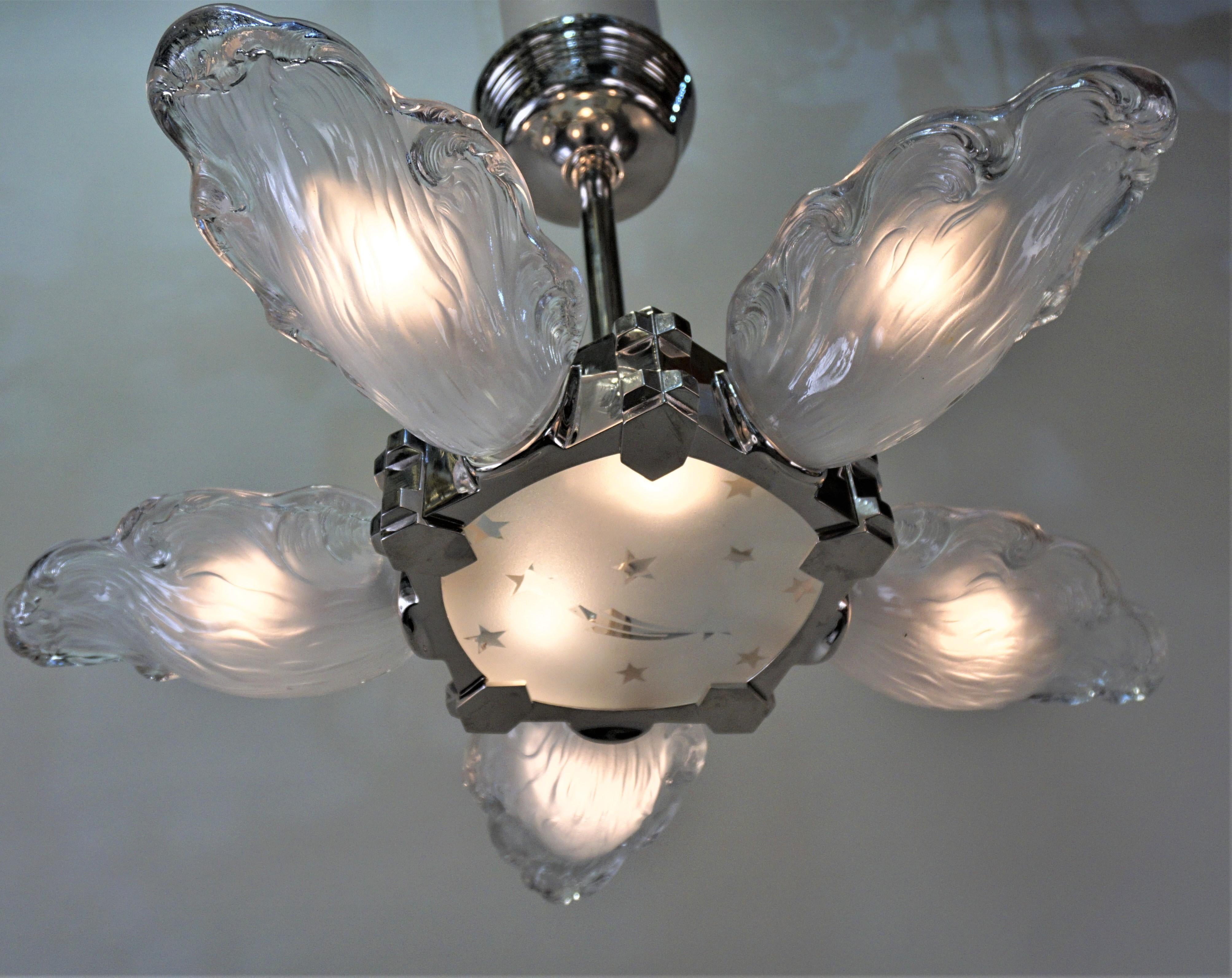 French Art Deco nickel on bronze clear frost textured glass semi flush mount chandelier.