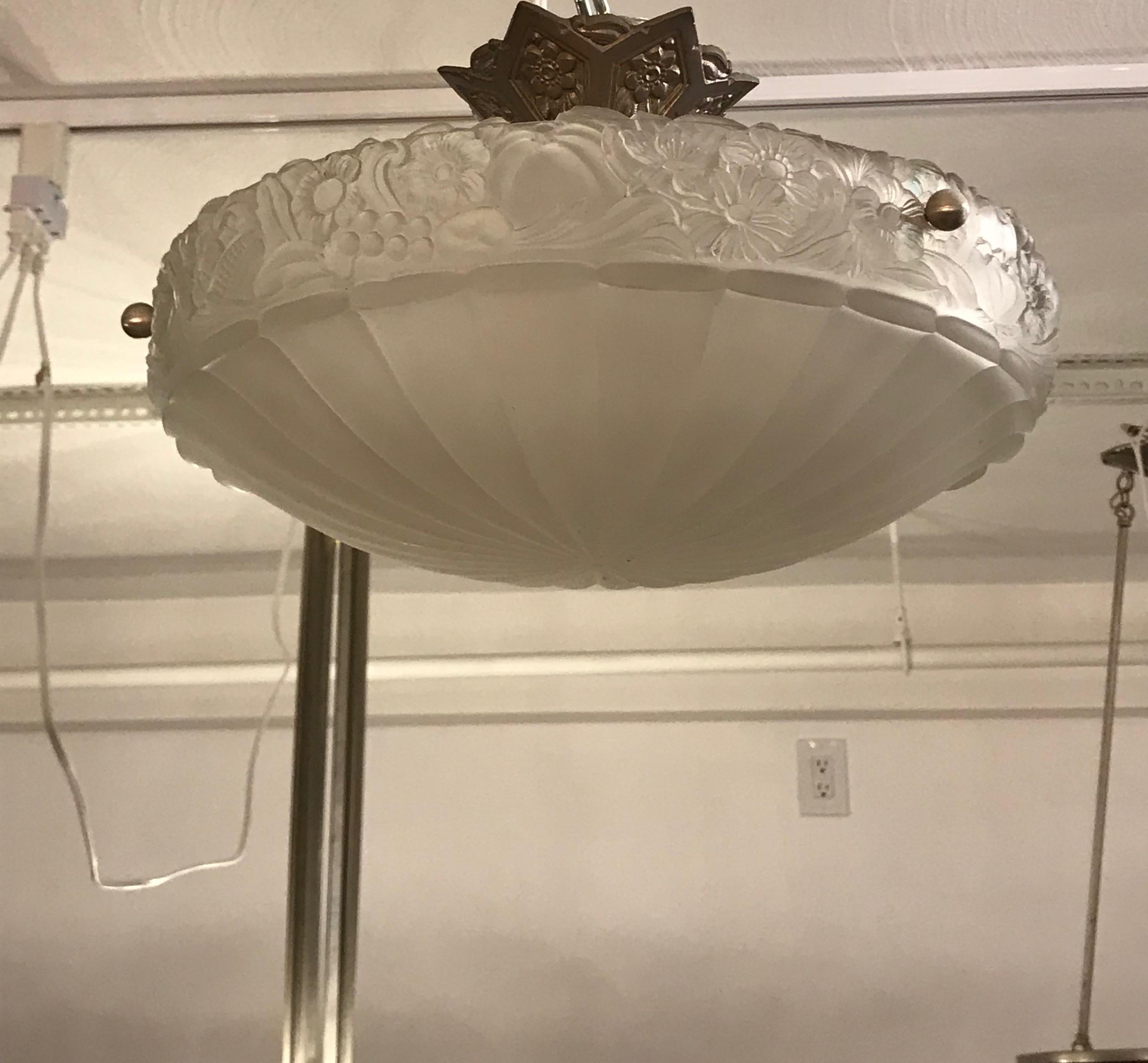 French Art Deco Semi Flush Mount Floral Chandelier In Excellent Condition In North Bergen, NJ