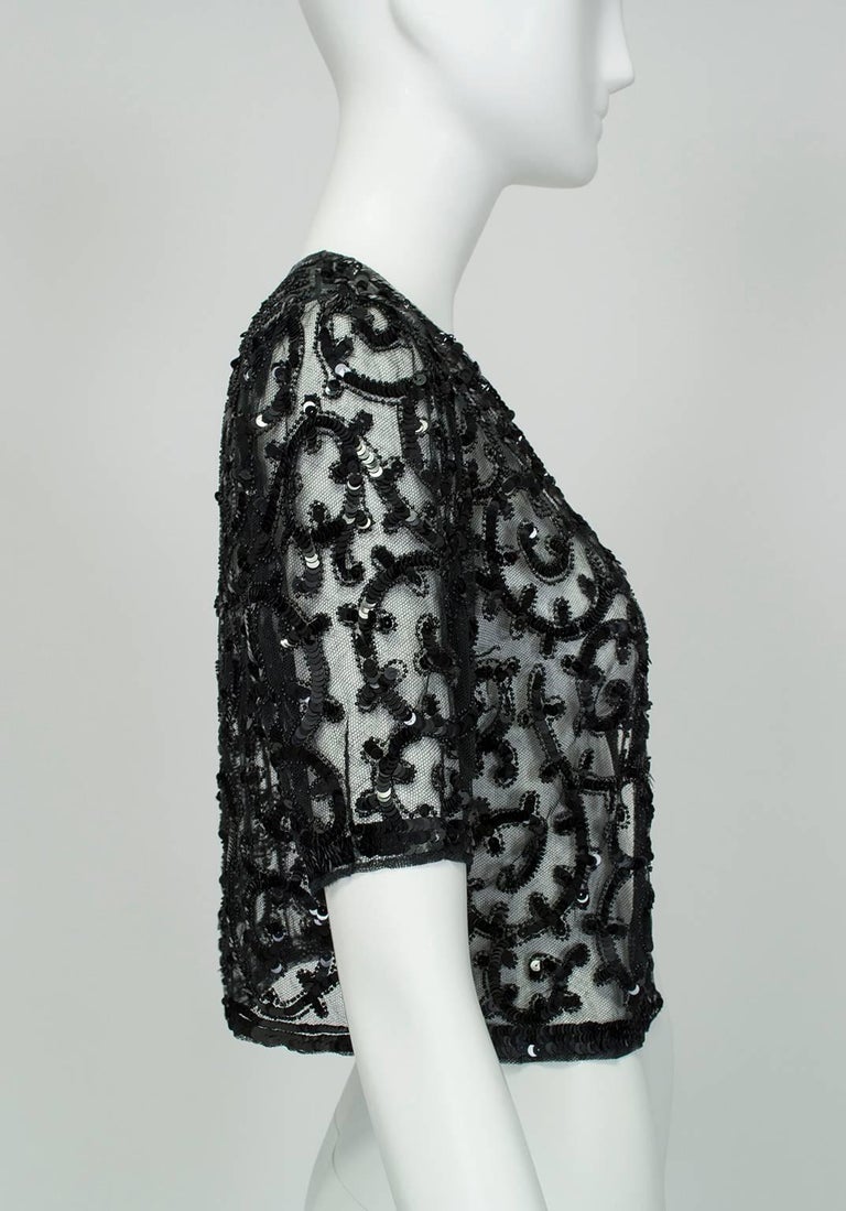 Sheer Black Art Deco Sequin and Seed Bead Illusion Shrug, France - XS-S, 1930s In Excellent Condition For Sale In Tucson, AZ