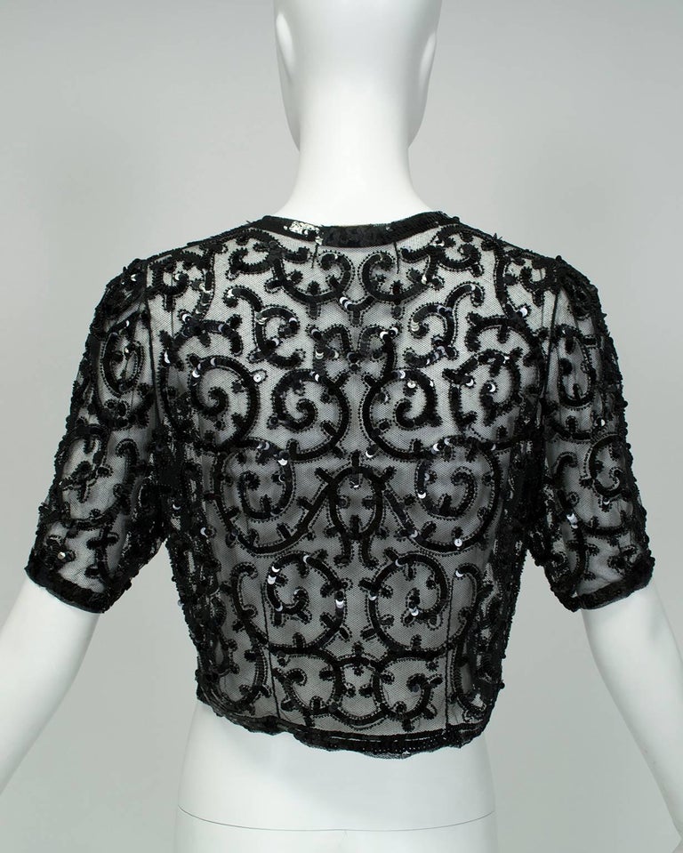Women's Sheer Black Art Deco Sequin and Seed Bead Illusion Shrug, France - XS-S, 1930s For Sale