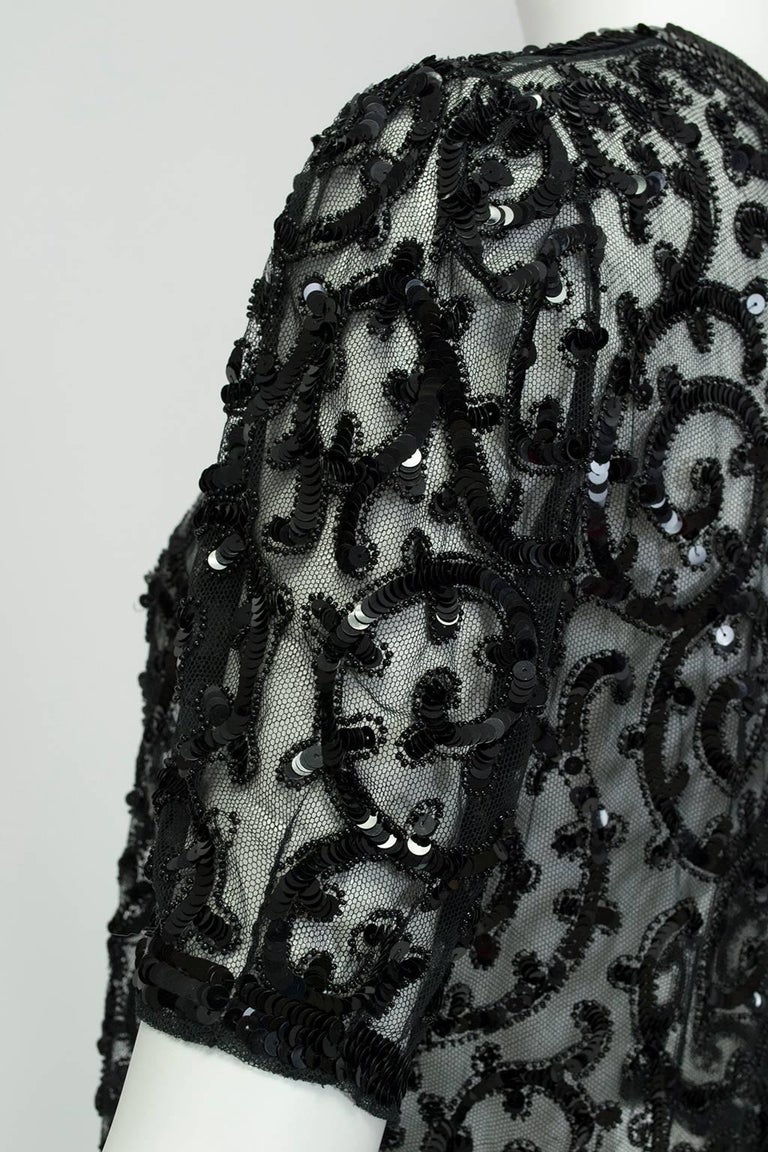 Sheer Black Art Deco Sequin and Seed Bead Illusion Shrug, France - XS-S, 1930s For Sale 1