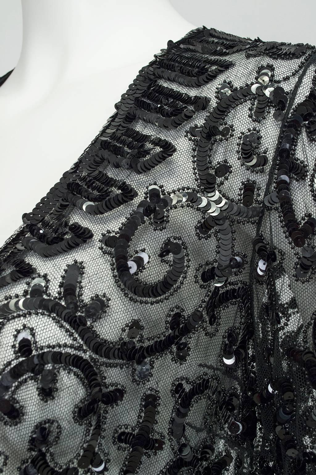 Sheer Black Art Deco Sequin and Seed Bead Illusion Shrug, France - XS-S, 1930s In Excellent Condition In Tucson, AZ