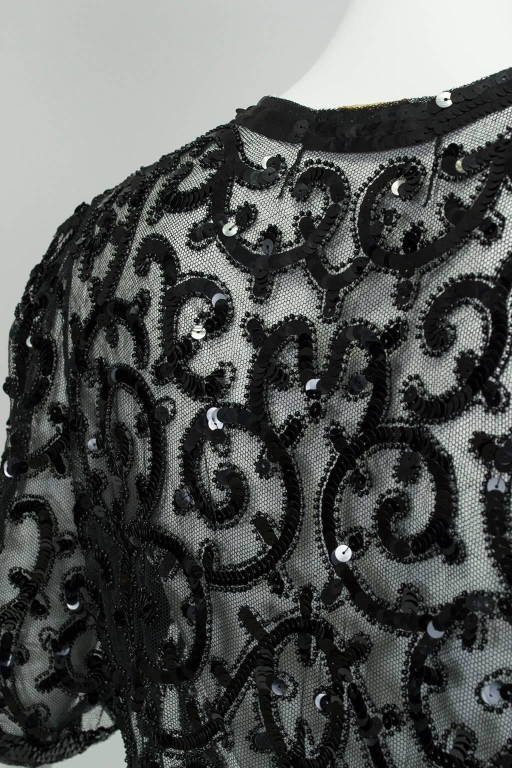 Women's Sheer Black Art Deco Sequin and Seed Bead Illusion Shrug, France - XS-S, 1930s