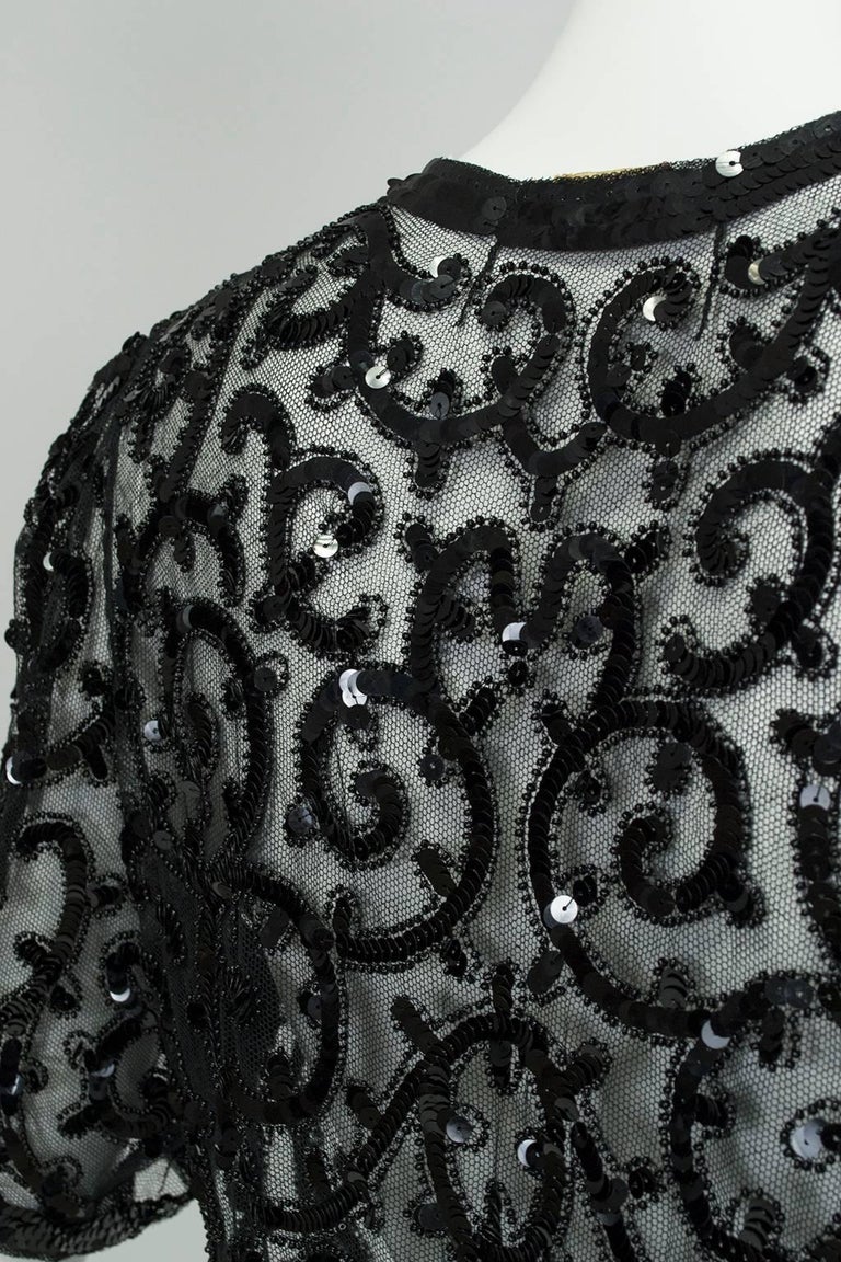Sheer Black Art Deco Sequin and Seed Bead Illusion Shrug, France - XS-S, 1930s For Sale 3