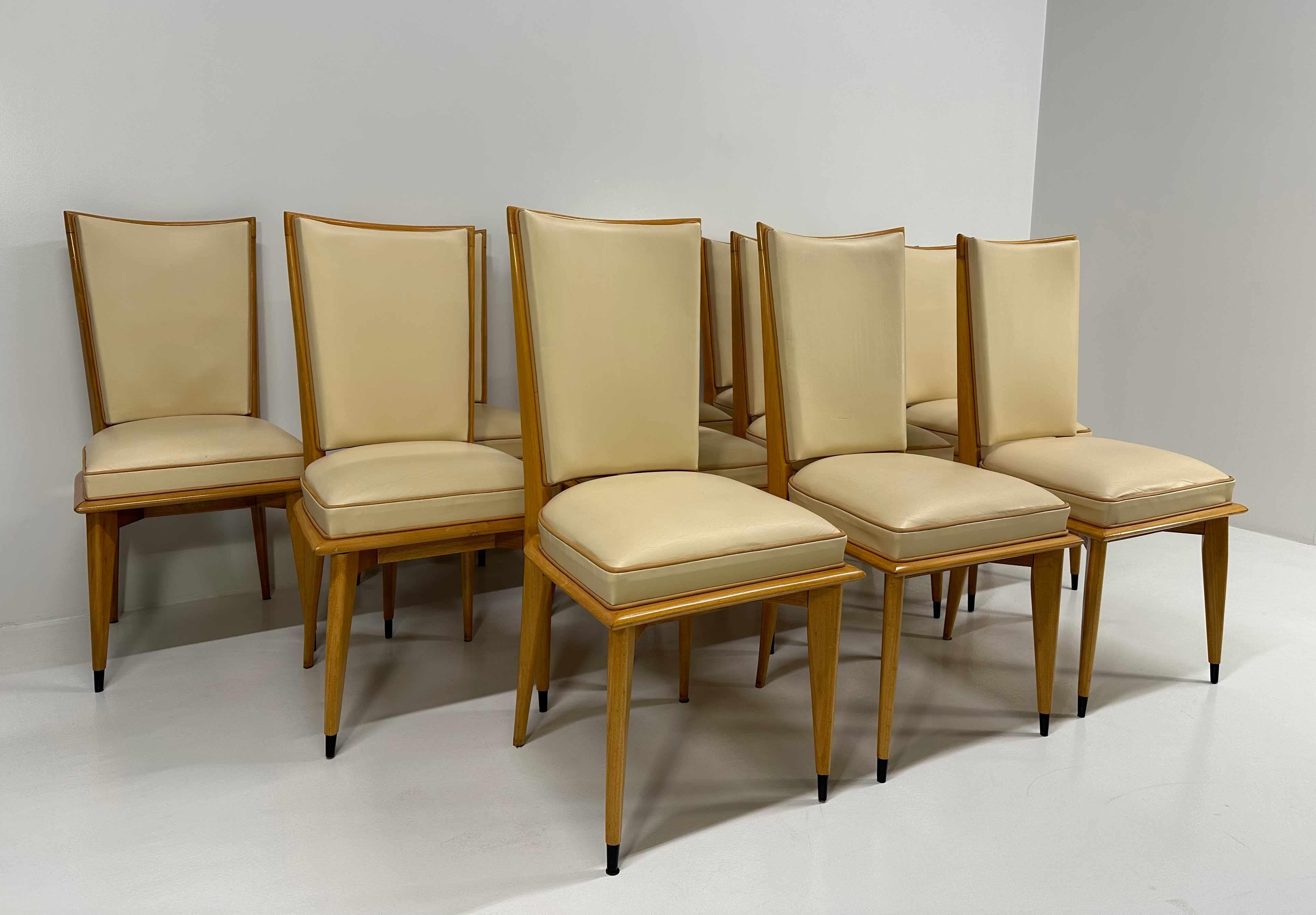Art déco Ensemble Art Déco français de 12 chaises en érable et cuir crème, années 1930 en vente