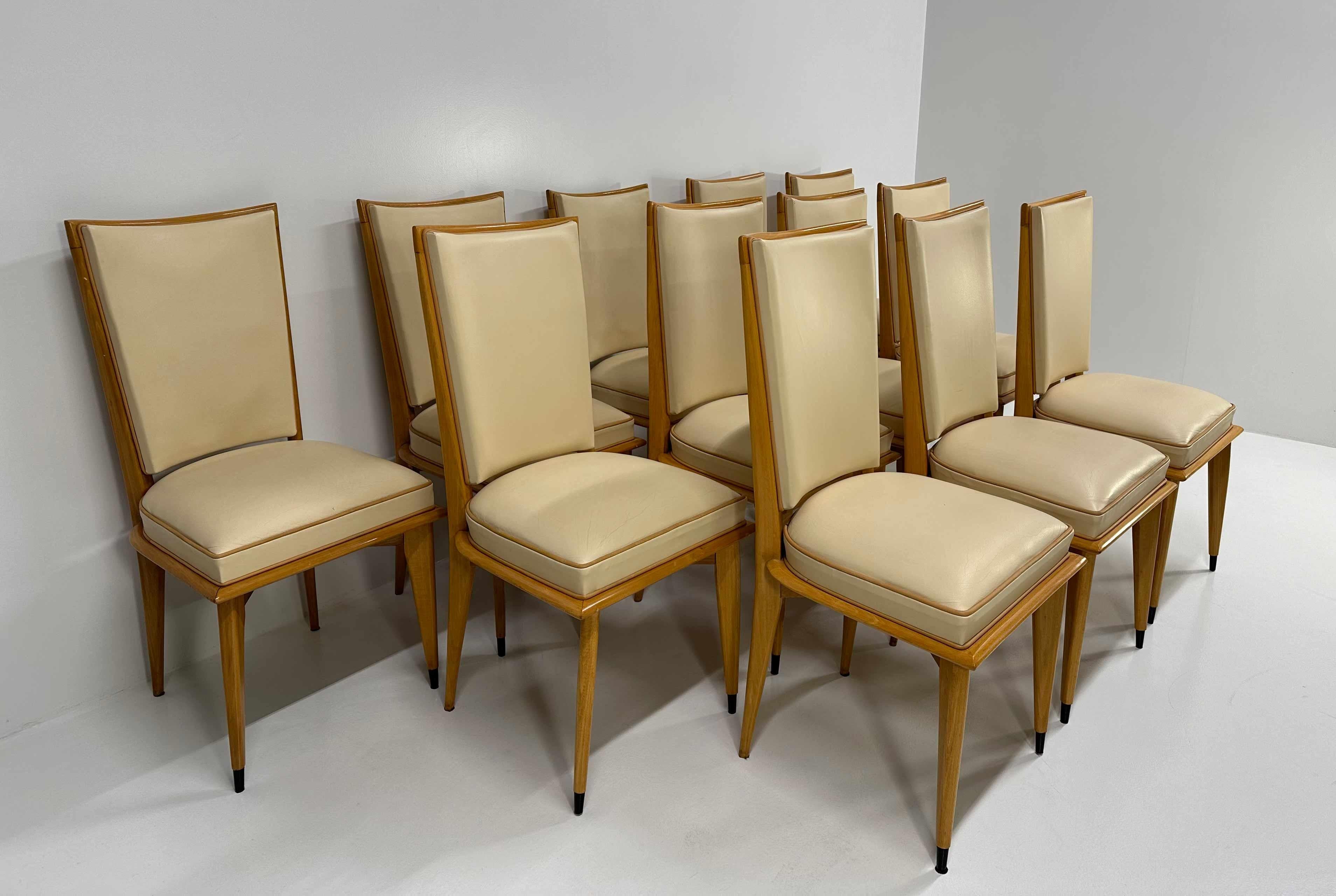 Mid-20th Century French Art Deco Set of 12 Chairs in Maple and Cream Leather, 1930s For Sale