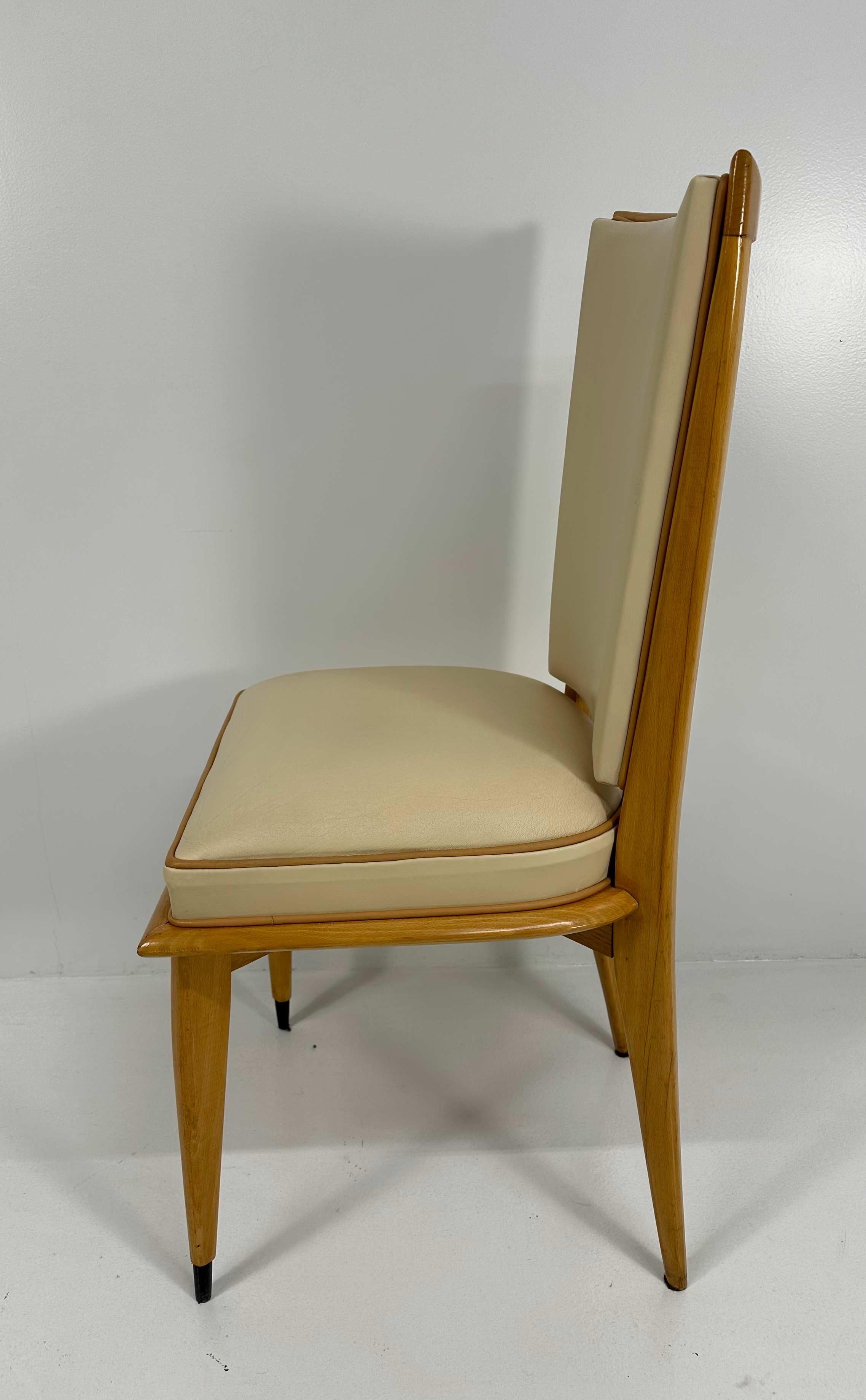 French Art Deco Set of 12 Chairs in Maple and Cream Leather, 1930s For Sale 4