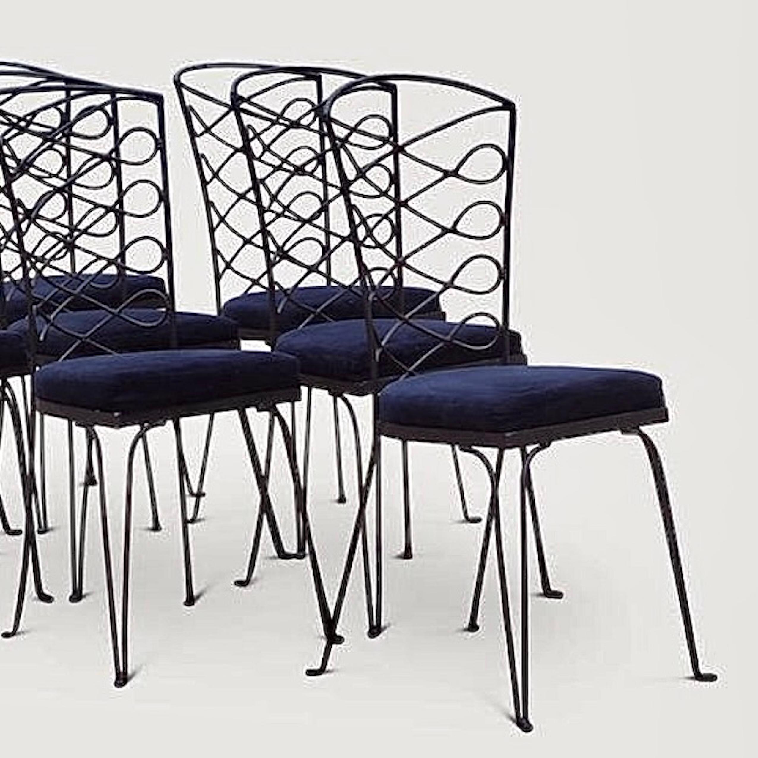 Ferro battuto French Art Deco Set of 6 Wrought Iron Chairs Attributed to Rene Prou circa 1940 in vendita