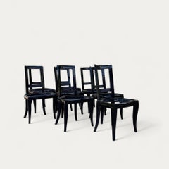 French Art Deco Set of Eight Black Lacquered Dining Chairs, 1920s