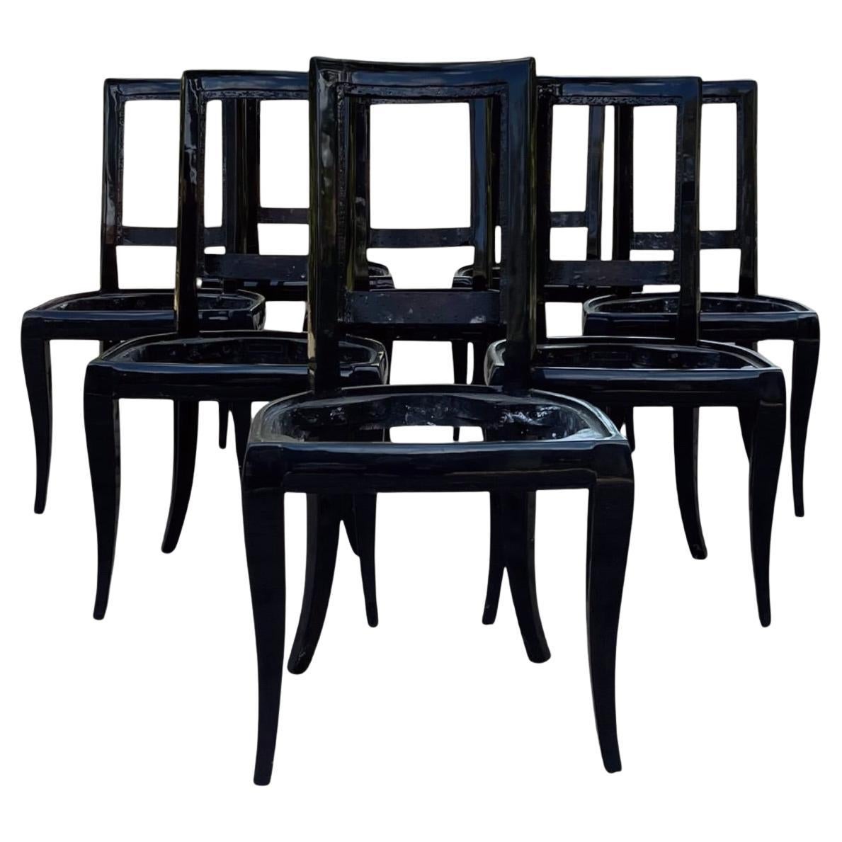 French Art Deco Set of Eight Black Lacquered Dining Chairs, 1920s