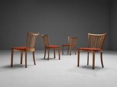 French Art Deco Set of Four Dining Chairs in Red Leatherette Oak Brass