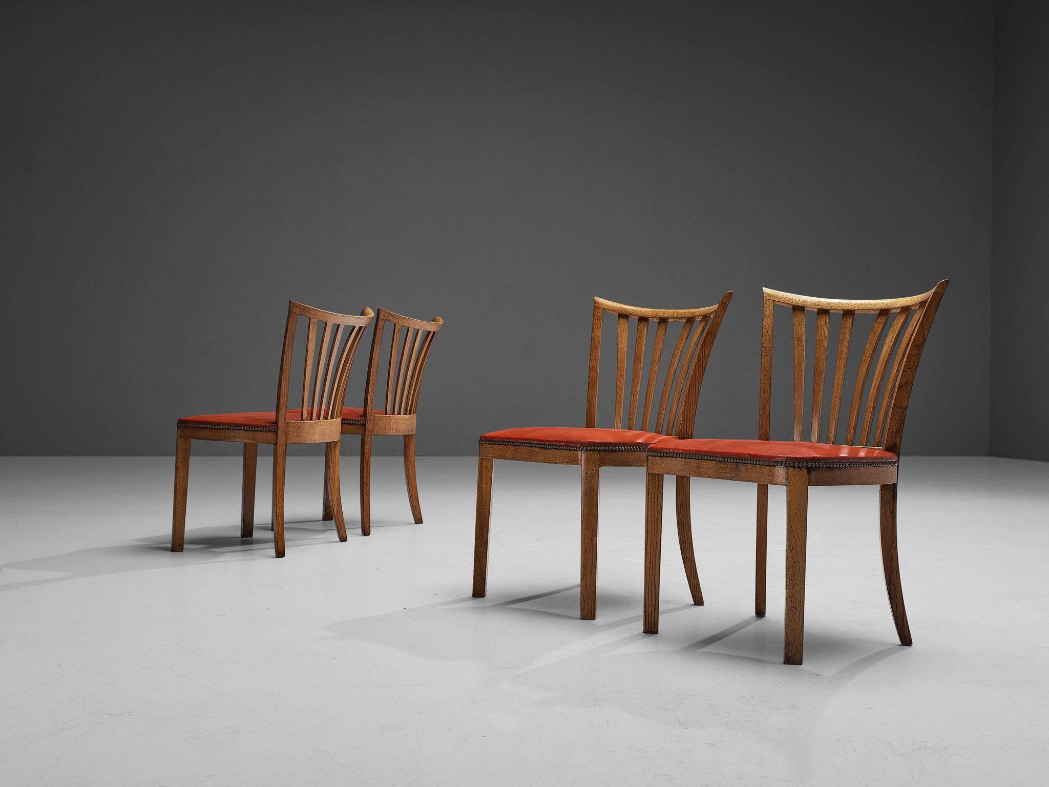 Brass French Art Deco Set of Four Dining Chairs in Red Leatherette and Oak For Sale