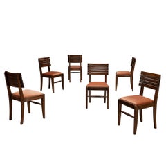 French Art Deco Set of Six Dining Chairs in Oak and Dusty Pink Velvet